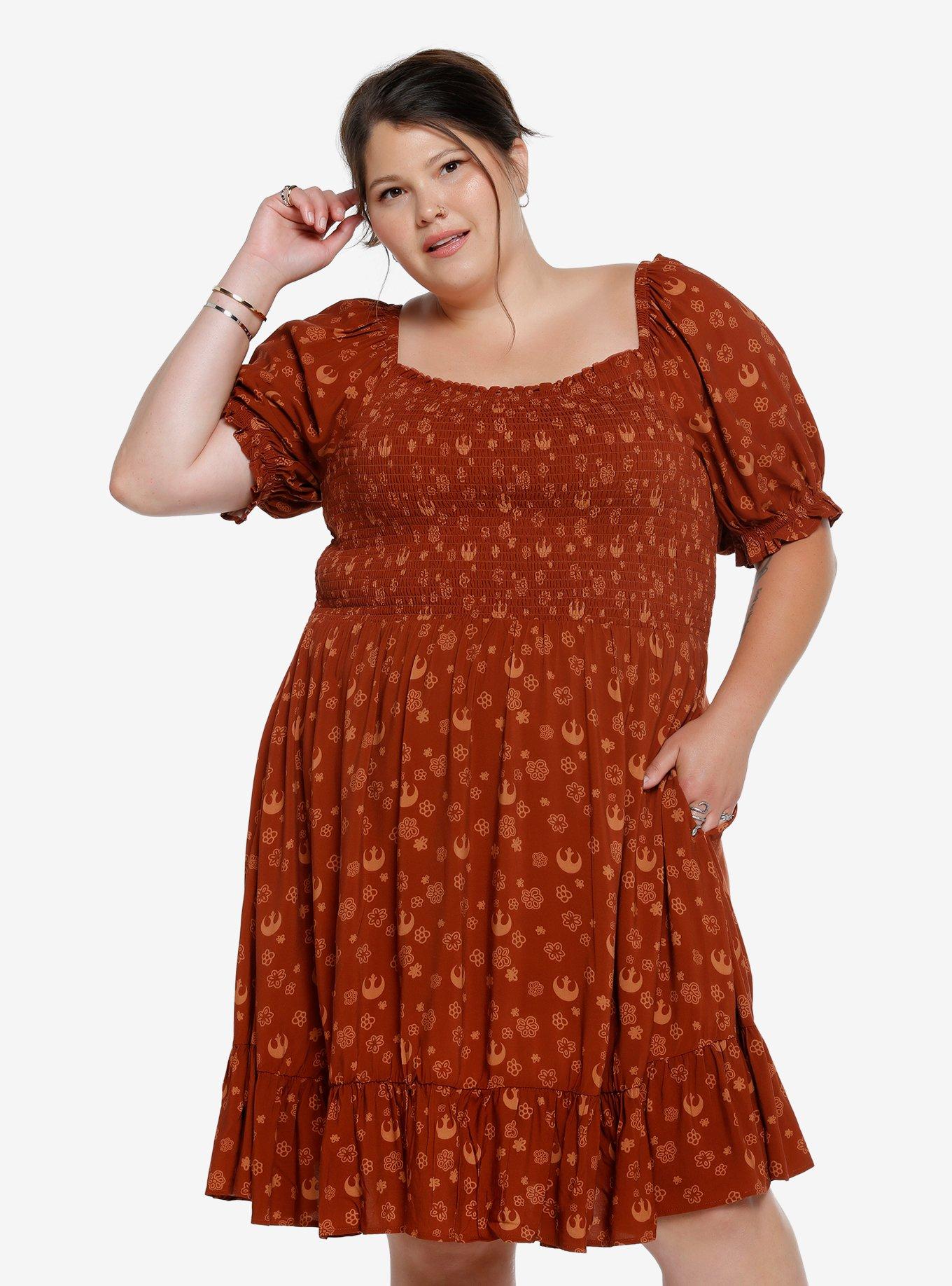 Her Universe Star Wars Rebellion Floral Allover Print Plus Size Smock Dress - BoxLunch Exclusive, RUST, hi-res