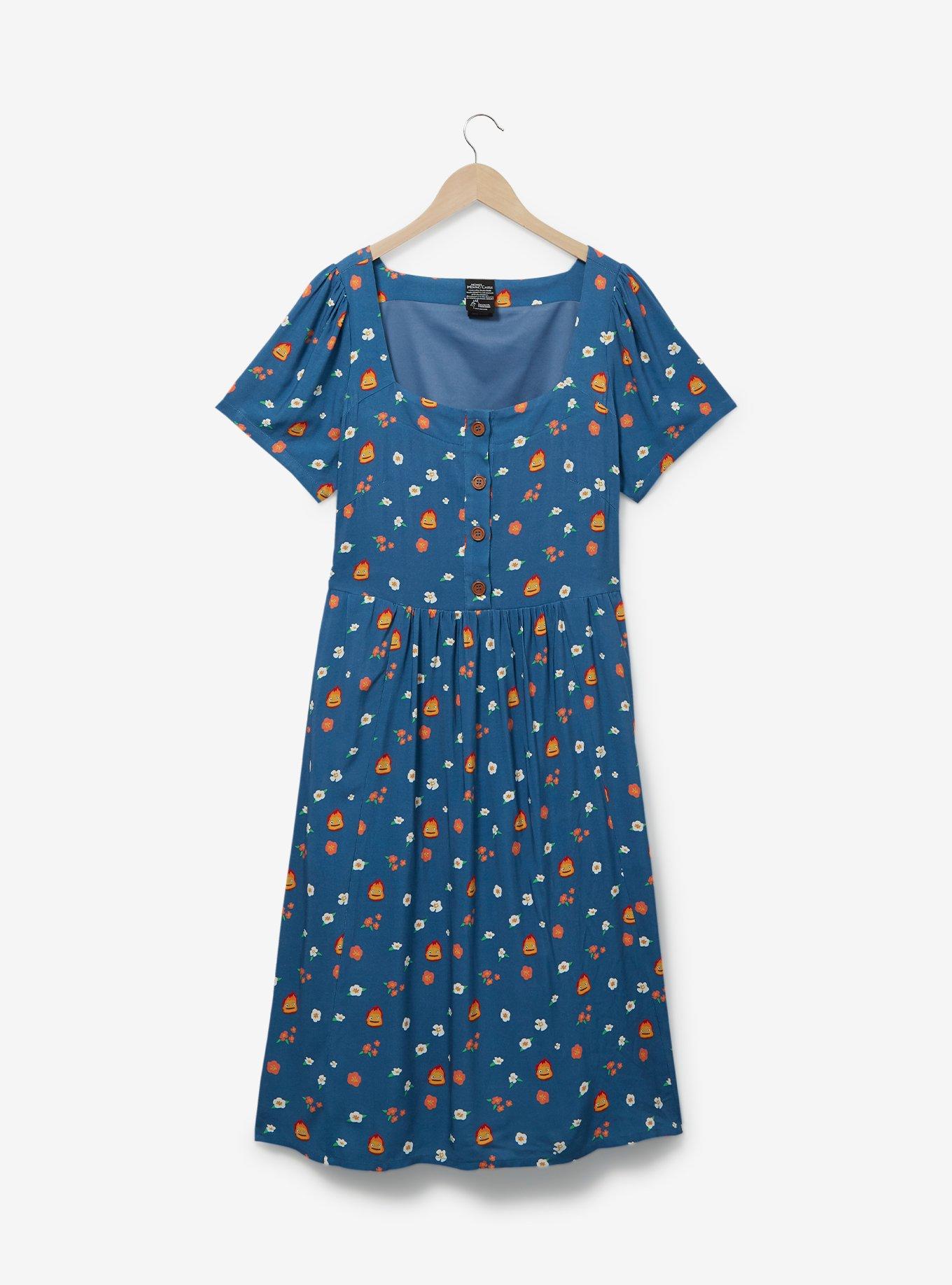 Studio Ghibli Howl's Moving Castle Calcifer Floral Allover Print Button-Up Midi Dress - BoxLunch Exclusive, LIGHT BLUE, hi-res