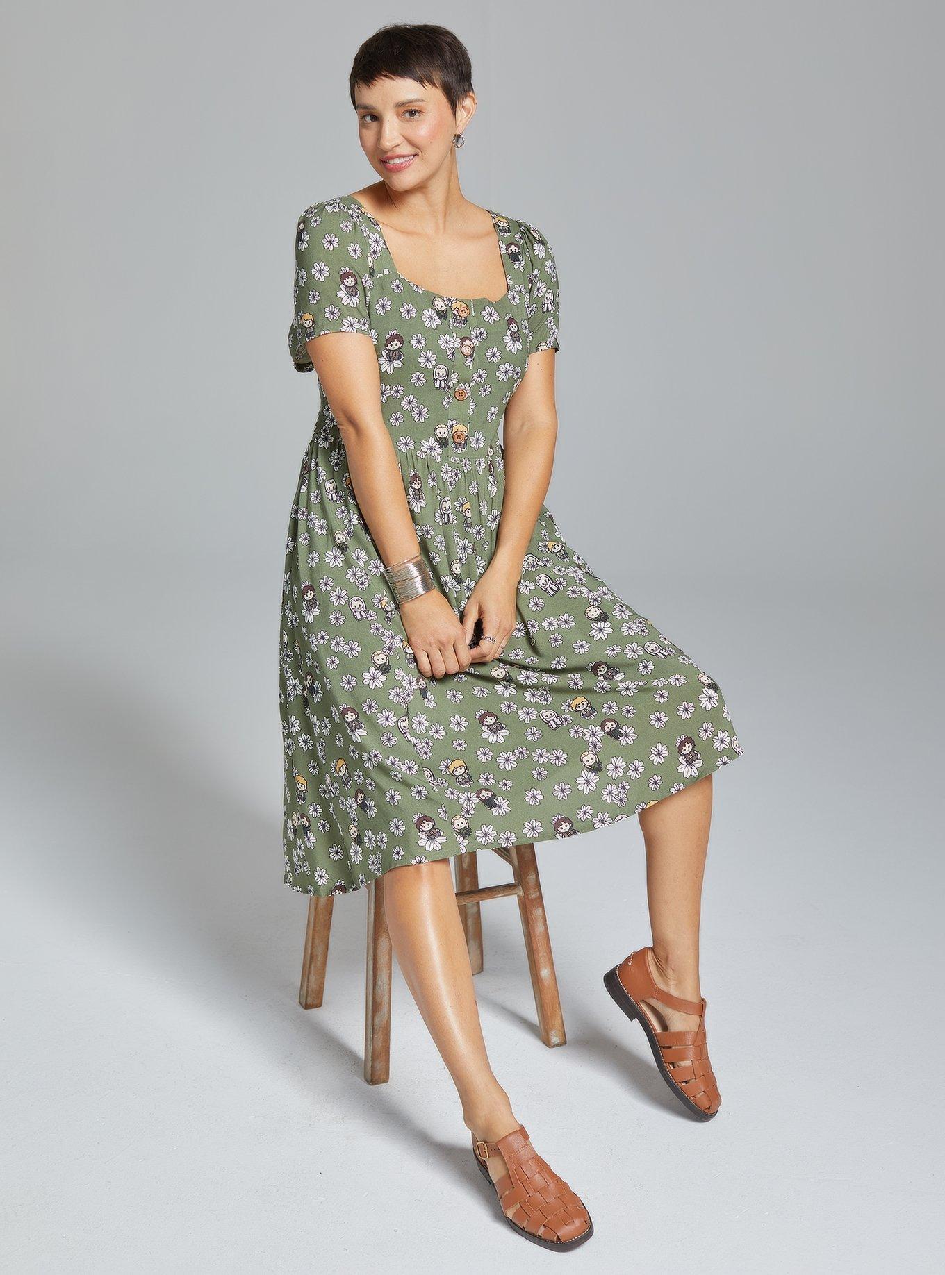The Lord of the Rings Allover Character Floral Print Button-Up Midi Dress - BoxLunch Exclusive, GREEN, hi-res