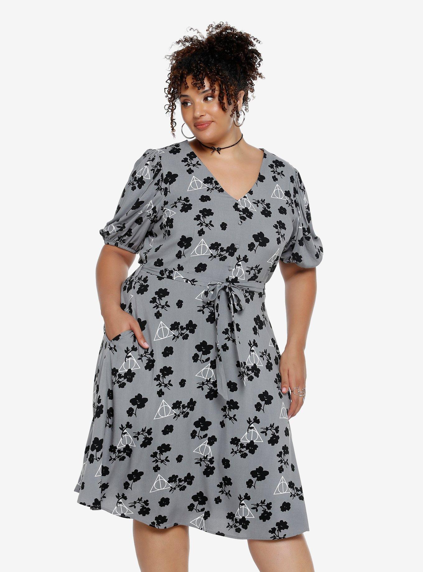 Her Universe Harry Potter Deathly Hallows Floral Midi Plus Size Dress - BoxLunch Exclusive, GREY, hi-res