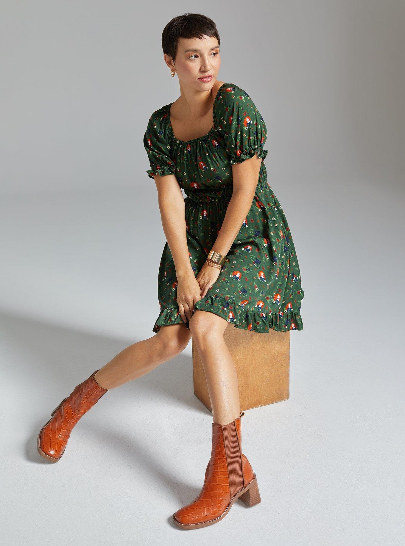 Disney Pixar Brave Merida & Bears Allover Print Smock Dress - BoxLunch Exclusive, DARK GREEN, hi-res