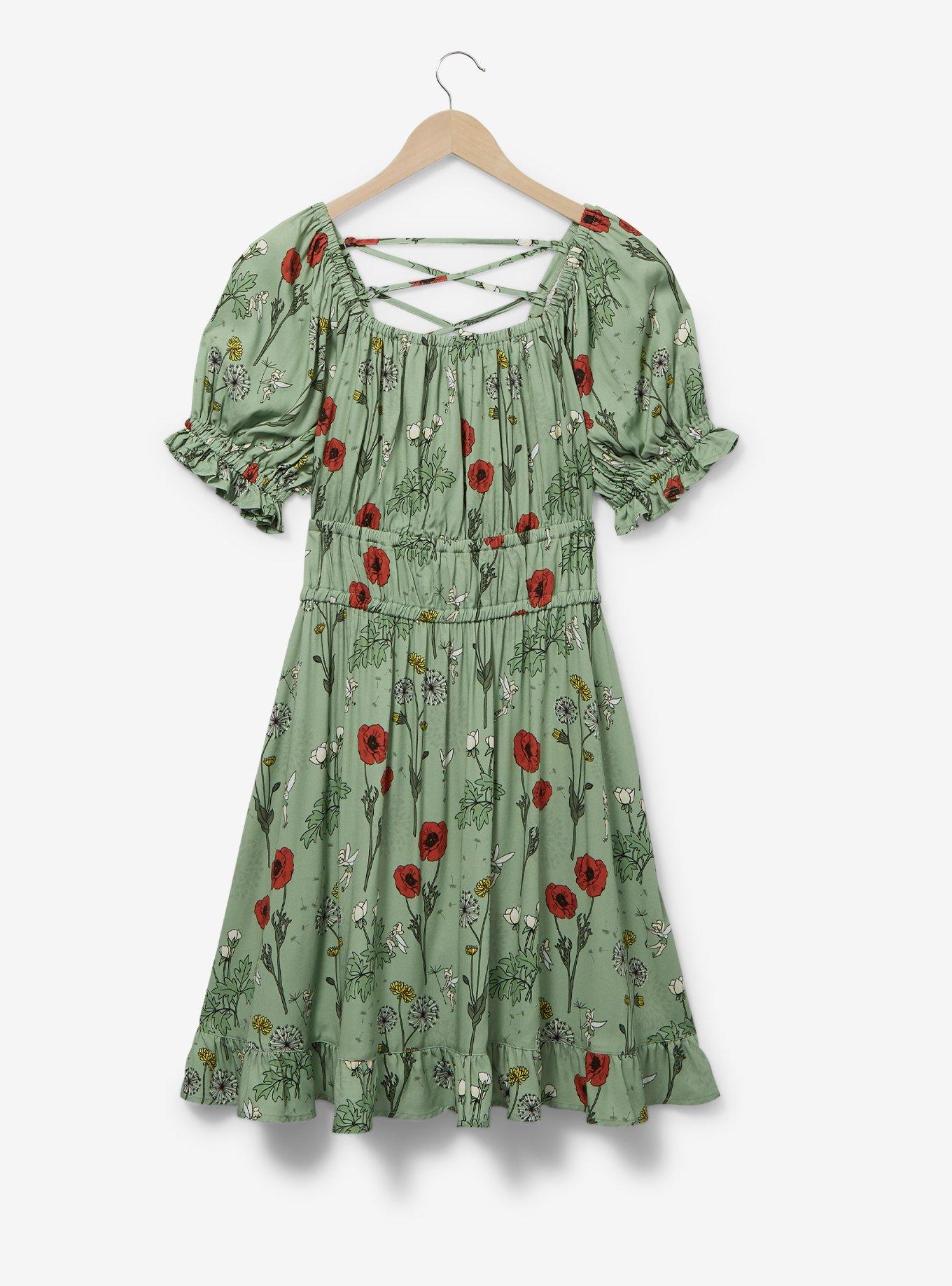 Disney Peter Pan Tinker Bell Floral Allover Print Smock Dress - BoxLunch Exclusive, SAGE, hi-res
