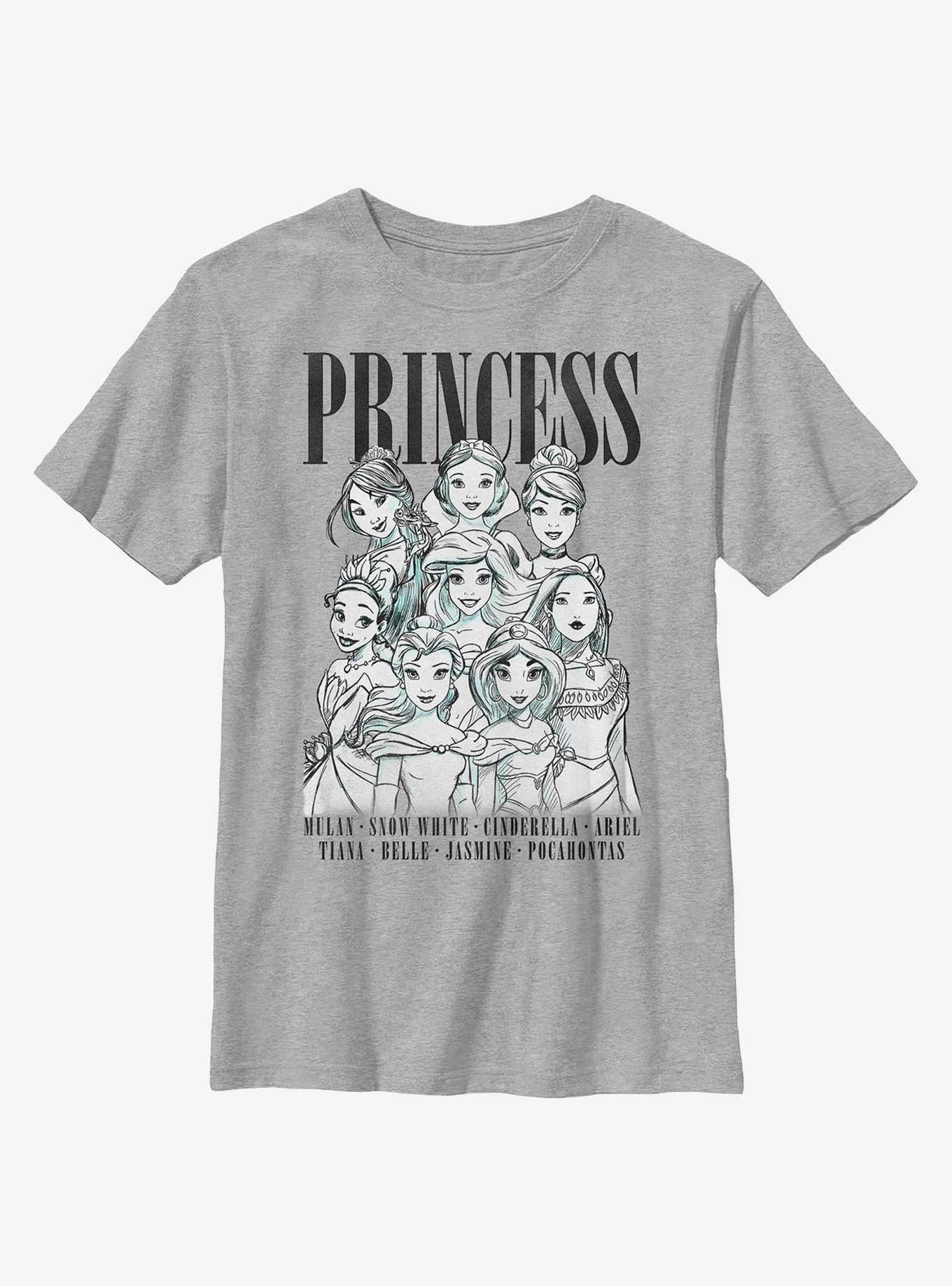 Disney Princesses Outline Group Stack Youth T-Shirt, ATH HTR, hi-res