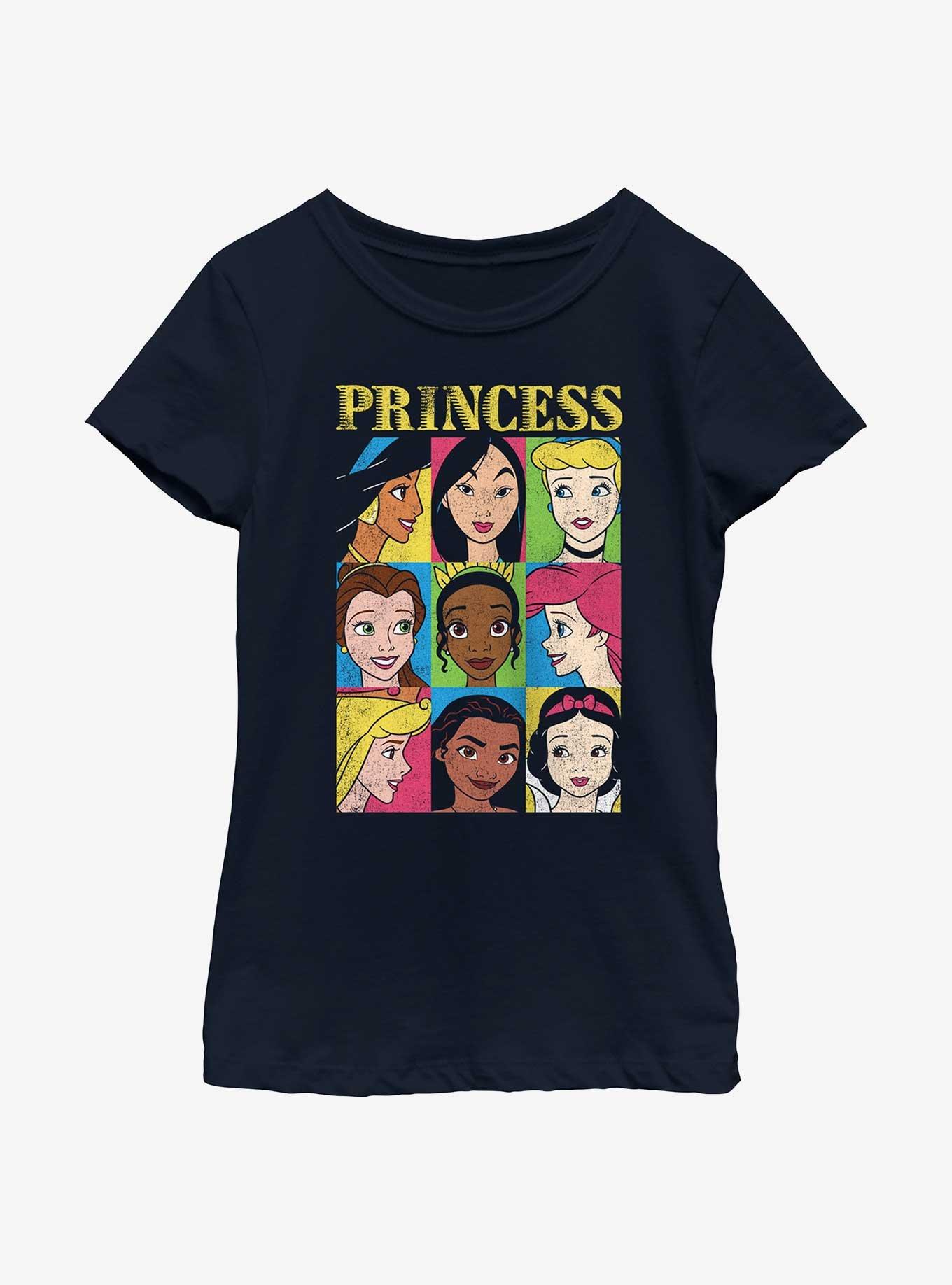 Disney Princesses Face Character Grid Youth Girls T-Shirt, NAVY, hi-res