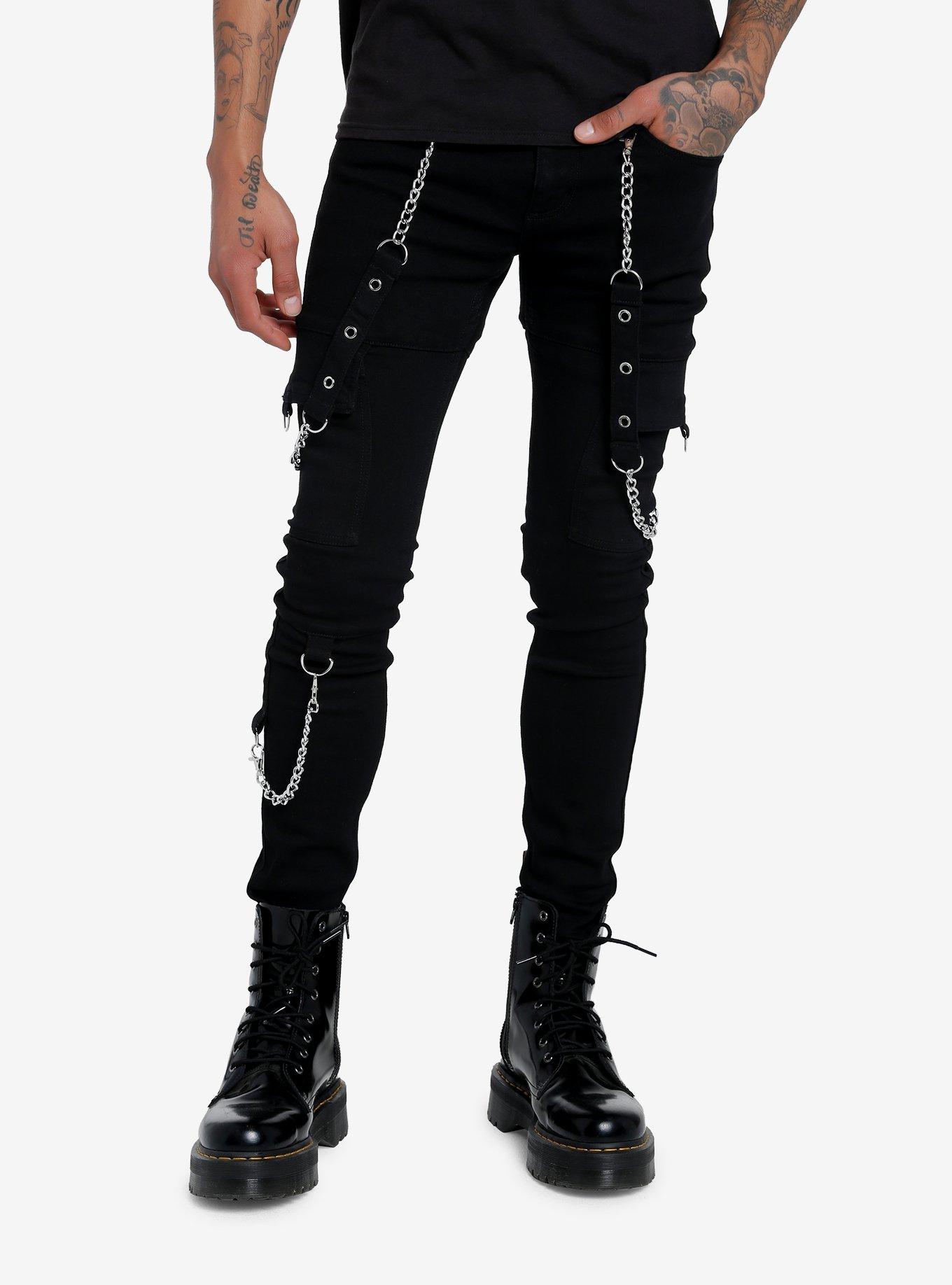 Hot Topic [NEW] Black & Rainbow Split Plaid Stinger Jeans With Chain Size  28 - $32 - From T