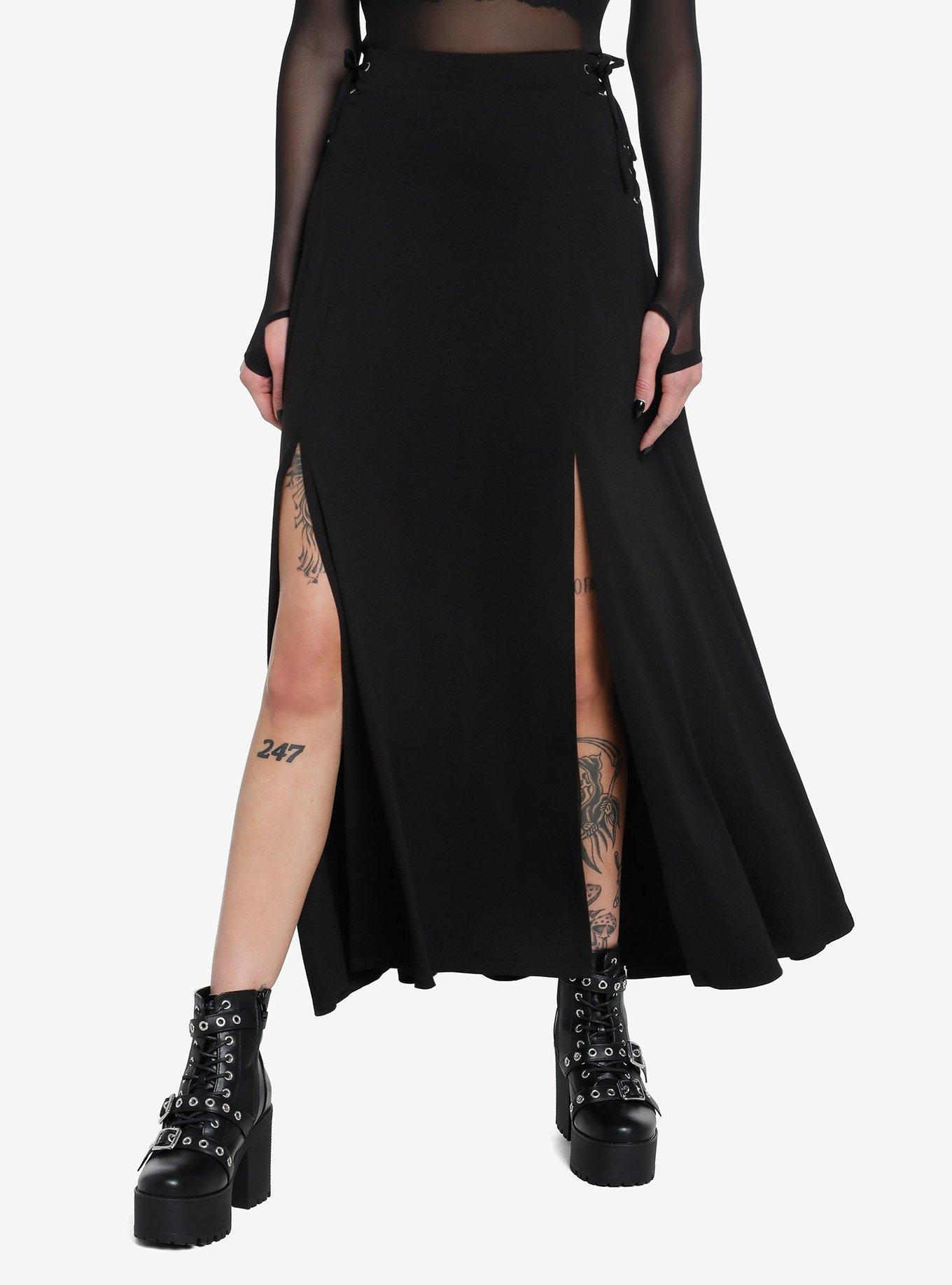 Social Collision Lace-Up Slit Maxi Skirt, BLACK, hi-res