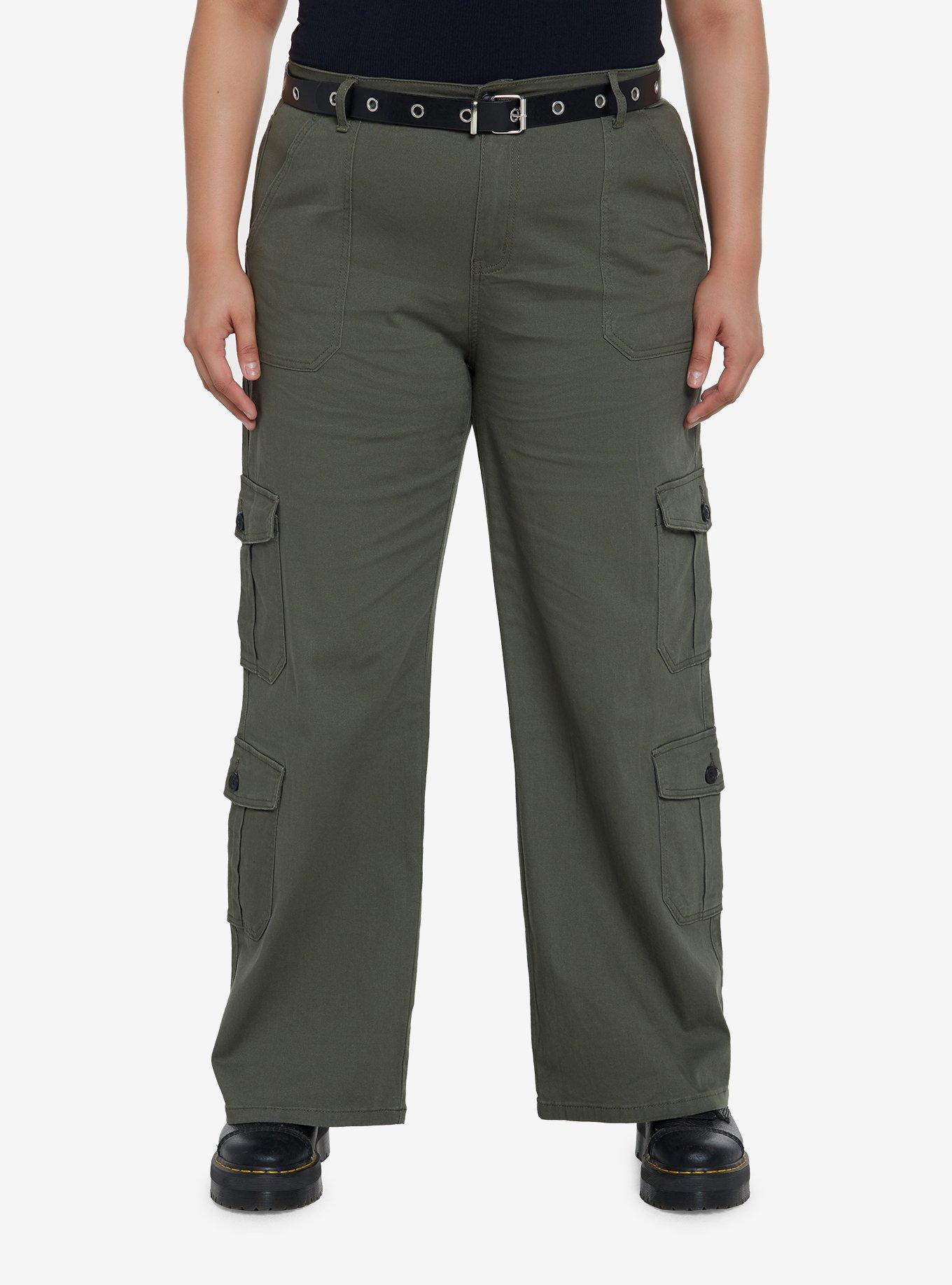 Social Collision Olive Cargo Pants With Belt Plus Size, , hi-res