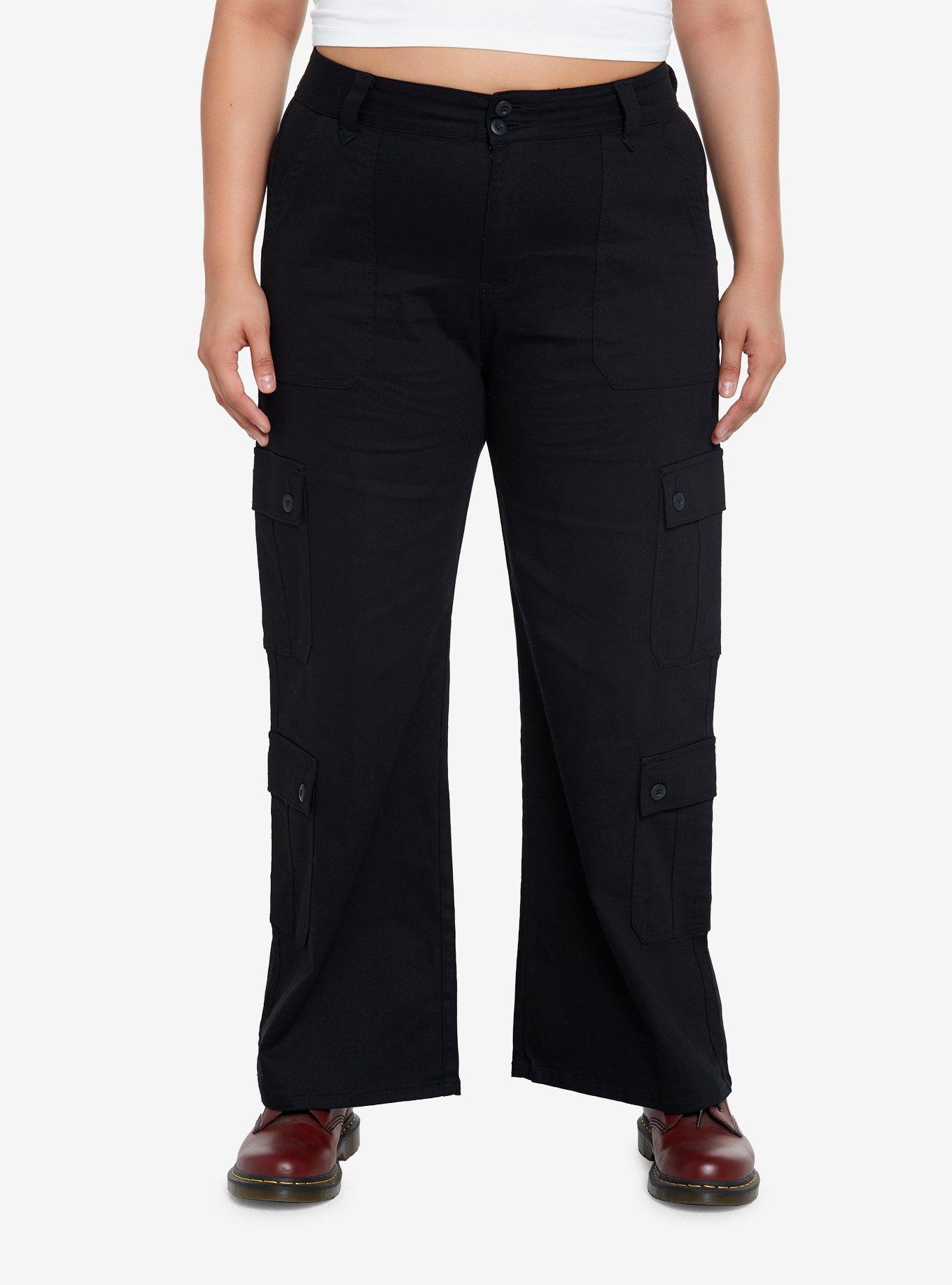 Black Double Pocket Cargo Pants Plus Size, BLACK, hi-res