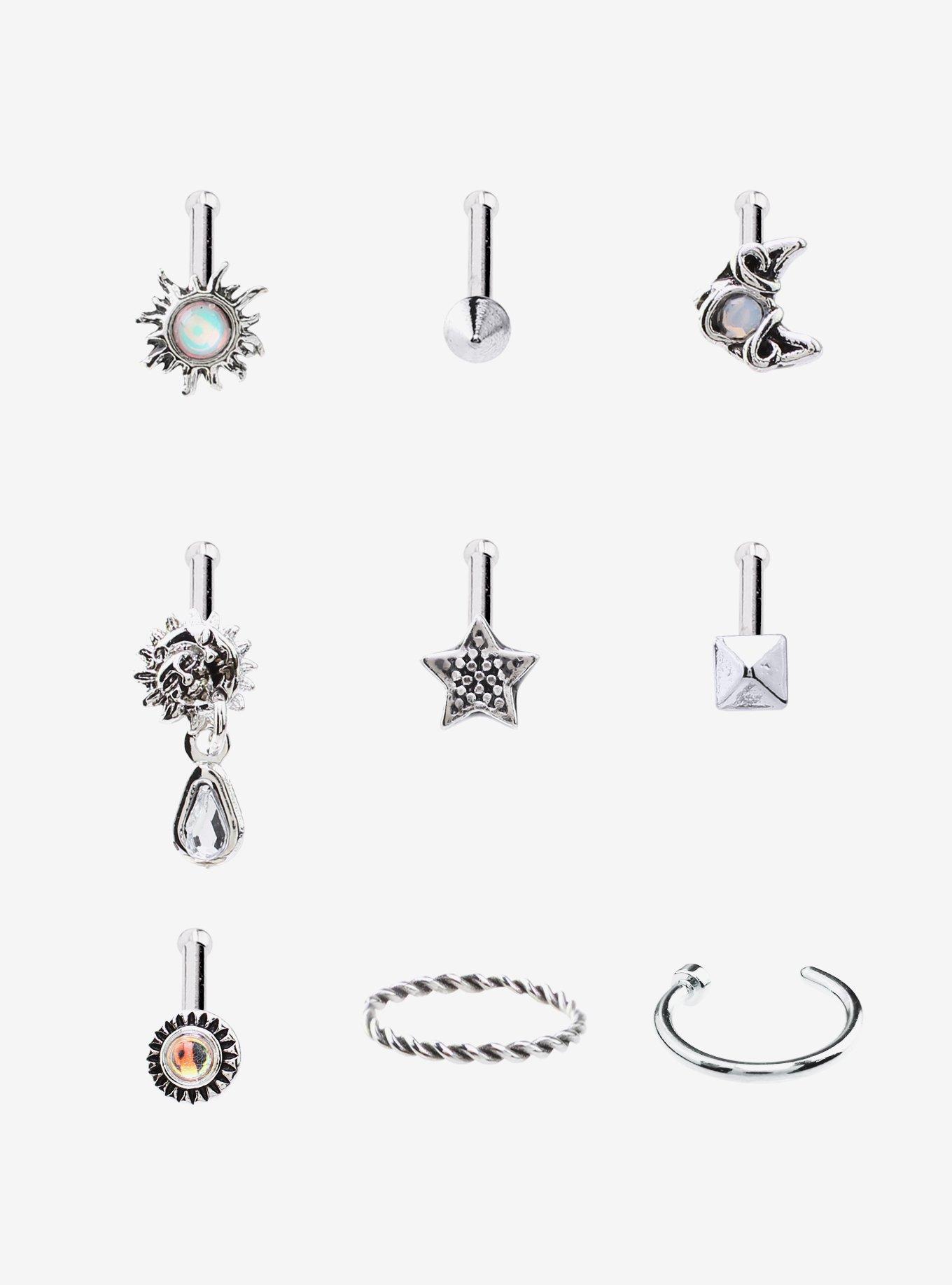 Steel Silver Steel Nose Stud & Hoop 9 Pack, MULTI, hi-res