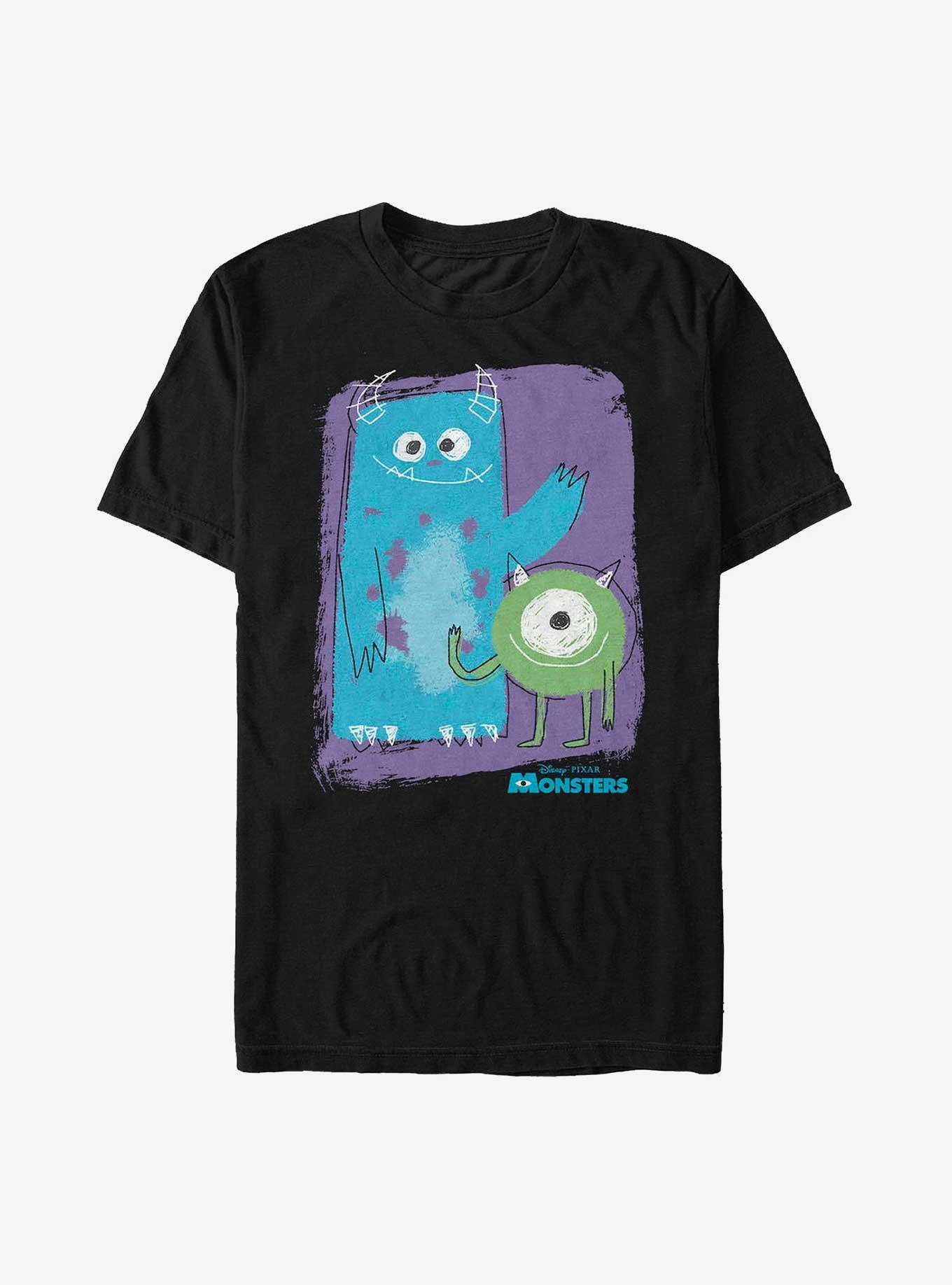 Disney Pixar Monsters Inc. Sulley and Mike Chalk Drawing Extra Soft T-Shirt, BLACK, hi-res