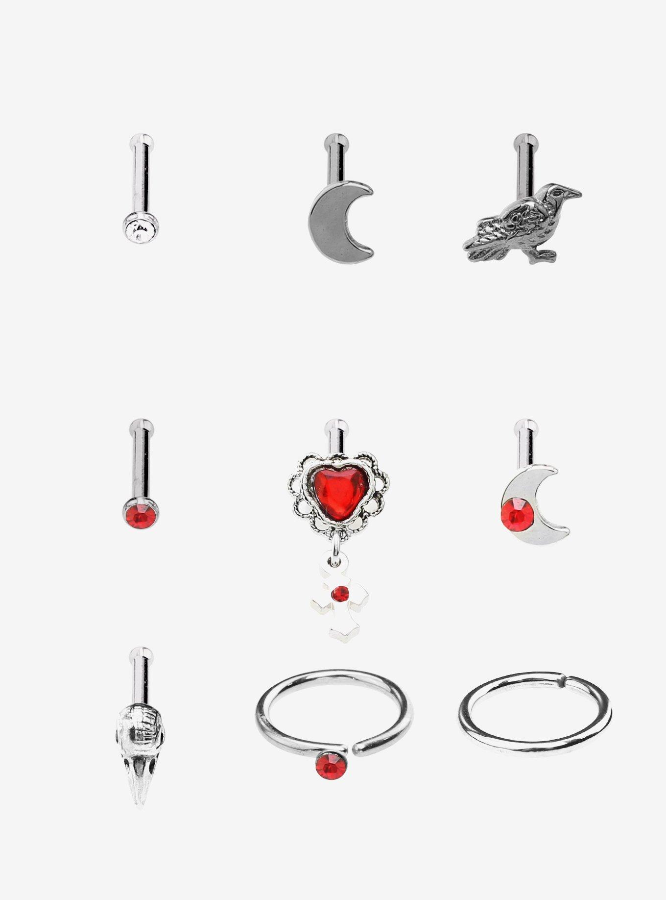 Steel Raven Heart Skull Nose Stud & Hoop 9 Pack, , hi-res