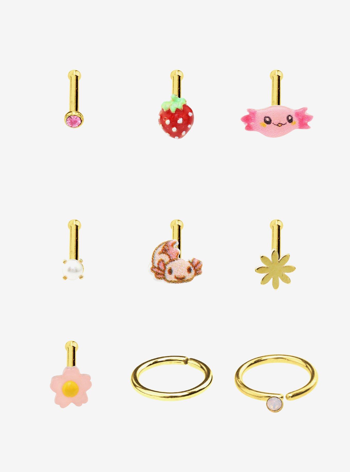 Steel Axolotl Strawberry Nose Stud & Hoop 9 Pack, MULTI, hi-res