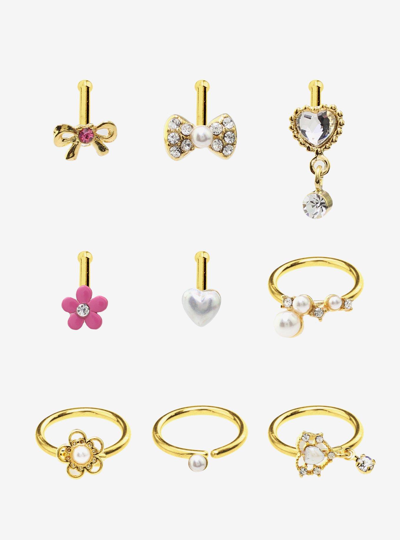Steel Bow Pearl Bling Nose Stud & Hoop 9 Pack, MULTI, hi-res