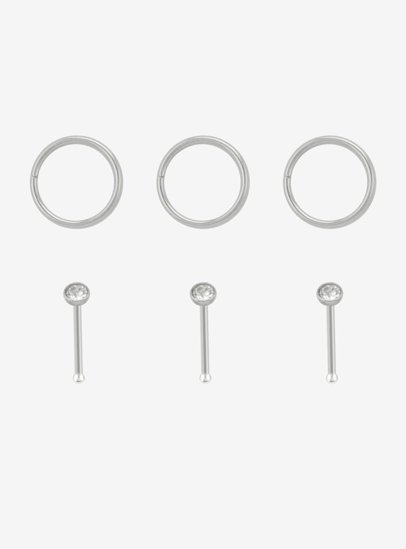 20G Steel Silver Gem Nose Stud & Hoop 6 Pack, MULTI, hi-res