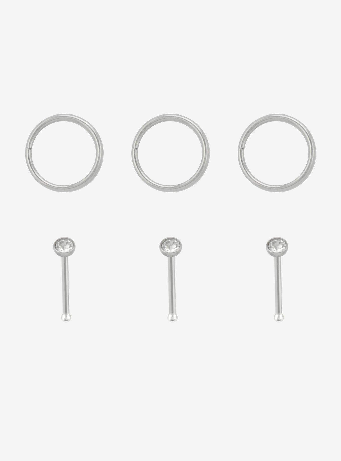 20G Steel Silver Gem Nose Stud & Hoop 6 Pack, , hi-res