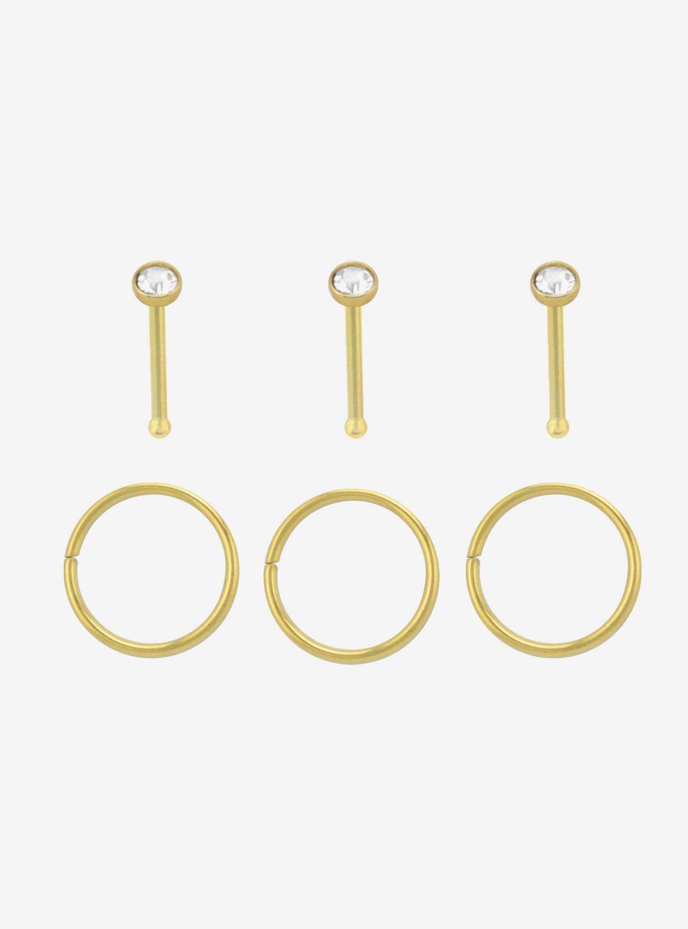 Steel Gold Gem Nose Stud & Hoop 6 Pack, MULTI, hi-res