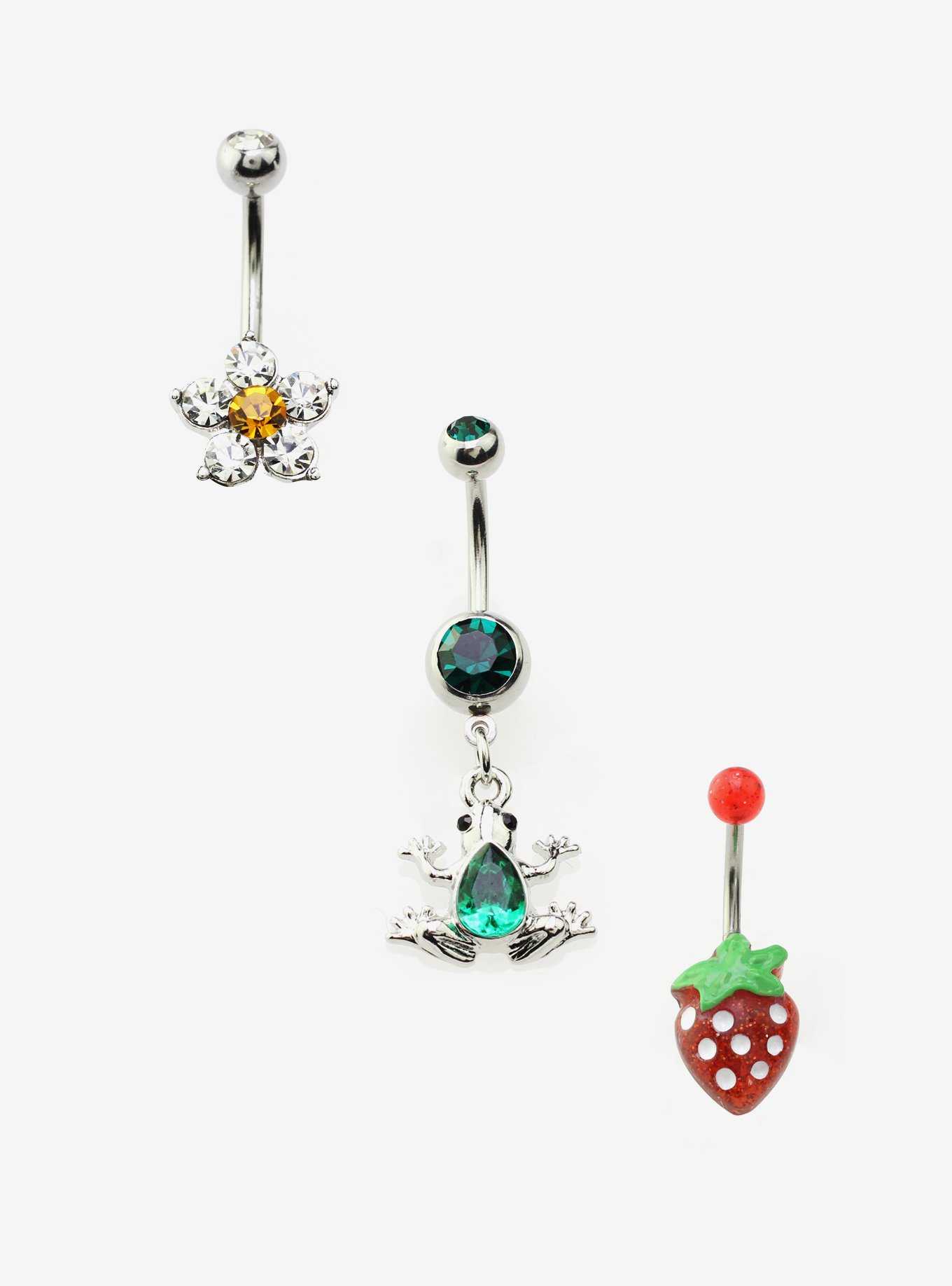 14G Steel Strawberry Flower Frog Navel Barbell 3 Pack, , hi-res