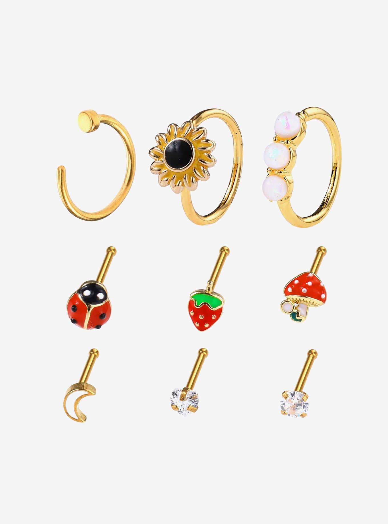 Steel Ladybug Sunflower Nose Stud & Hoop 9 Pack, MULTI, hi-res