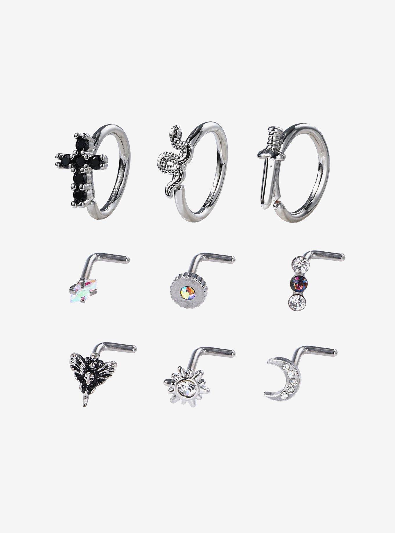 Steel Witchy Celestial Nose Stud & Hoop 9 Pack, MULTI, hi-res