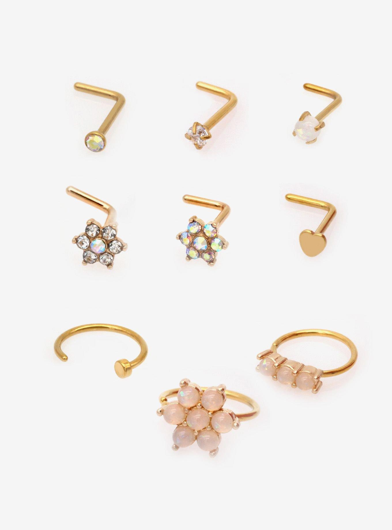 Steel Flower Opal Nose Stud & Hoop 9 Pack, , hi-res