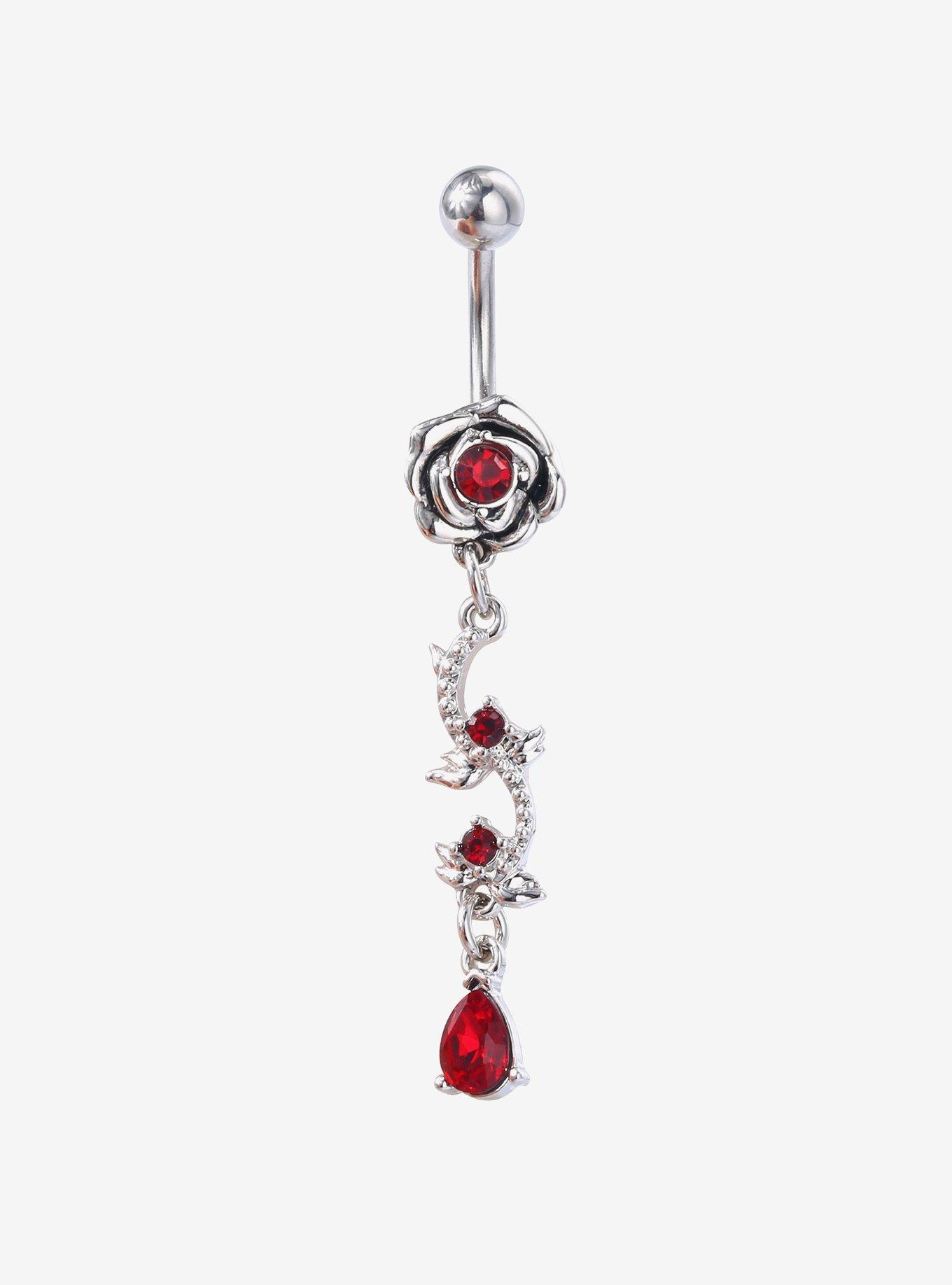 14G Steel Rose Red Gem Navel Barbell, , hi-res