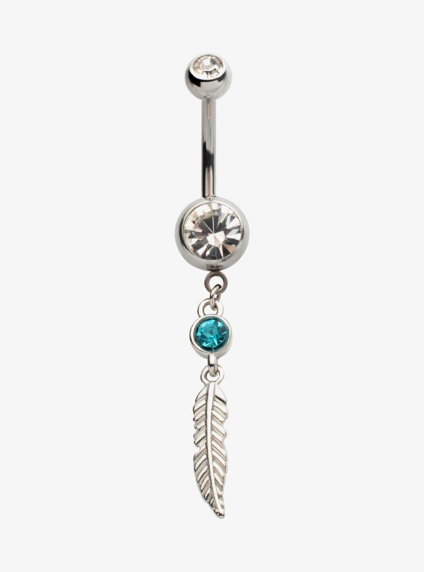 14G Steel Feather Gem Navel Barbell, , hi-res