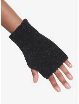 Black Chenille Chunky Knit Fingerless Gloves, , hi-res