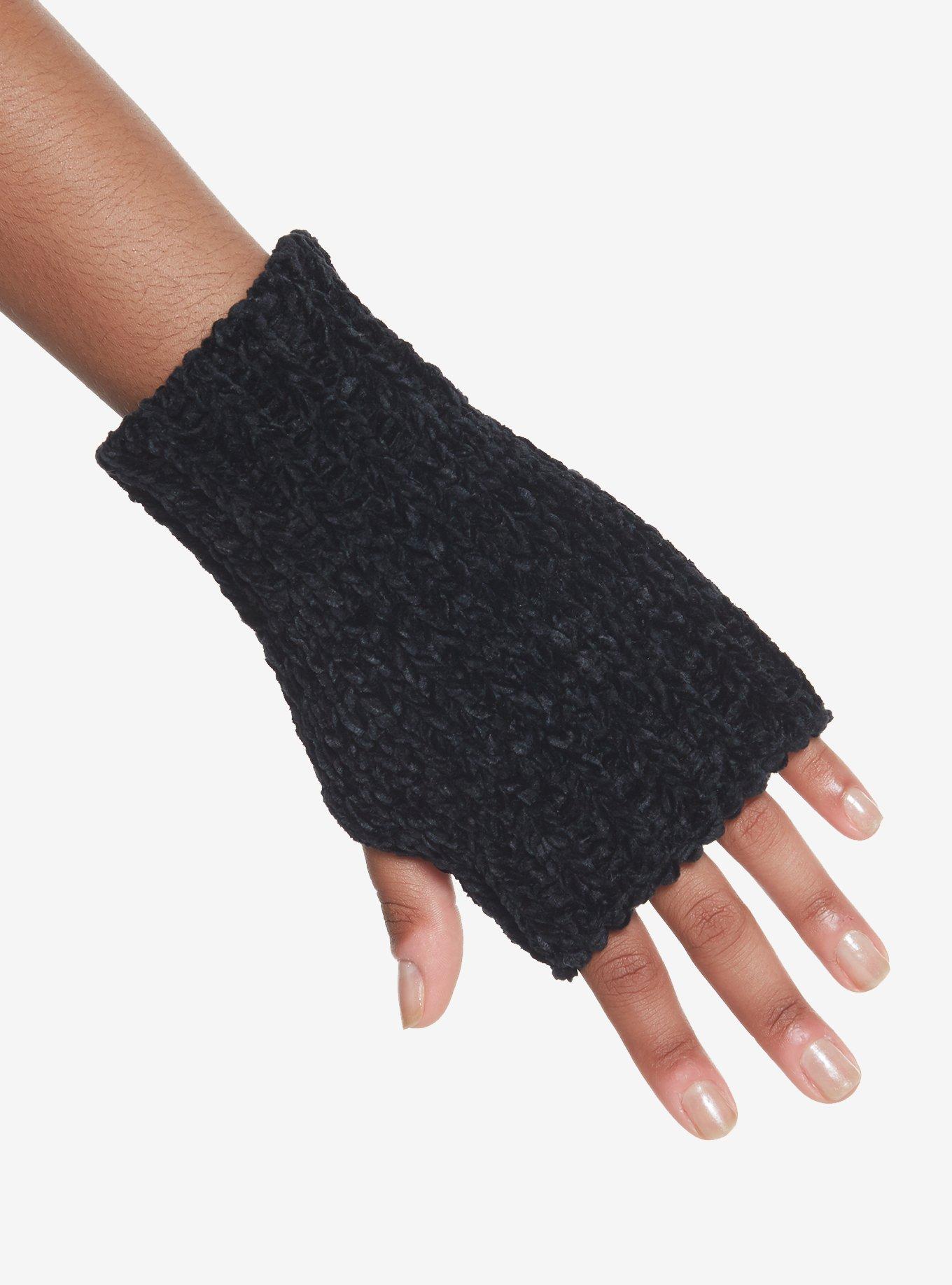 Black Chenille Chunky Knit Fingerless Gloves, , hi-res