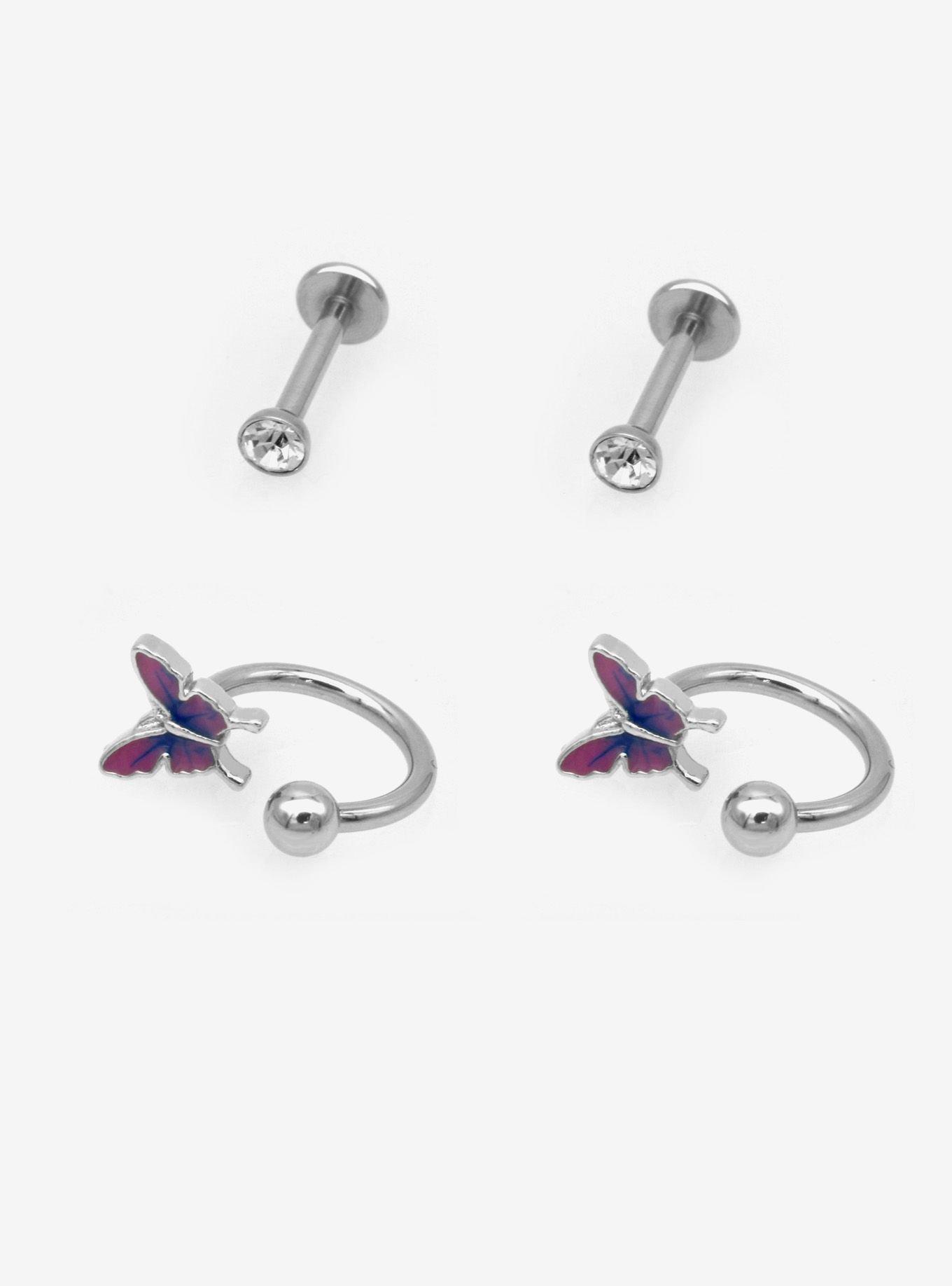 Steel Butterfly Gem Lip Stud & Circular Barbell 4 Pack, MULTI, hi-res