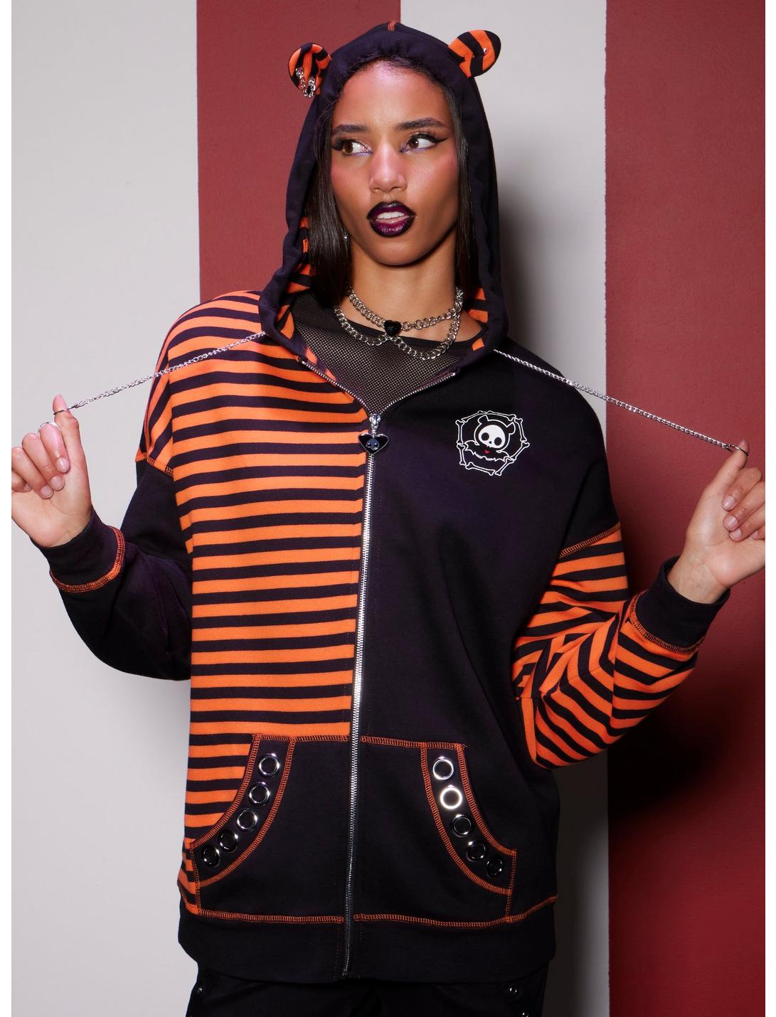 Skelanimals Diego Black & Orange Split Stripe Girls Oversized Hoodie, ORANGE, hi-res