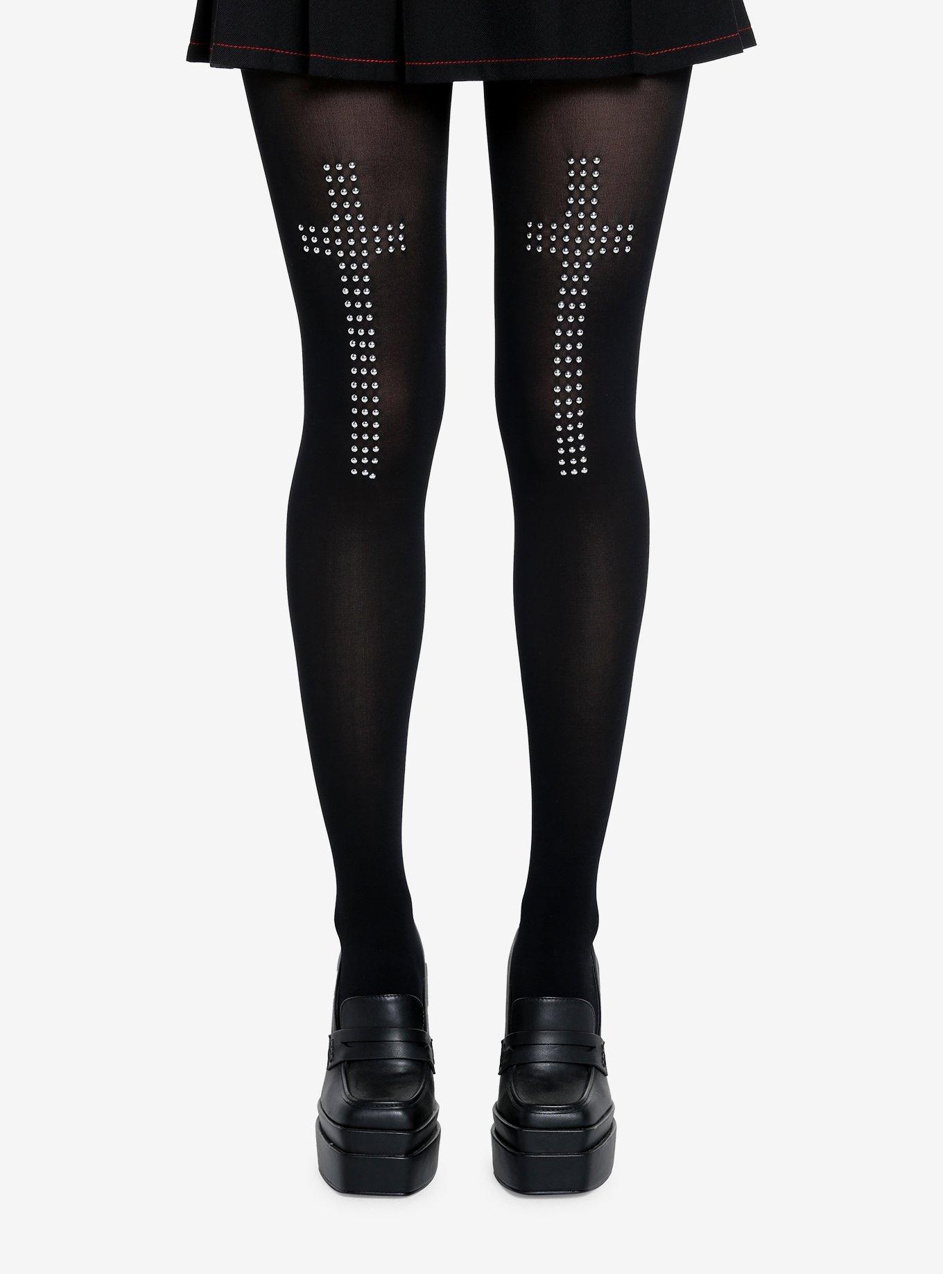 Black Cross Stud Tights, , hi-res