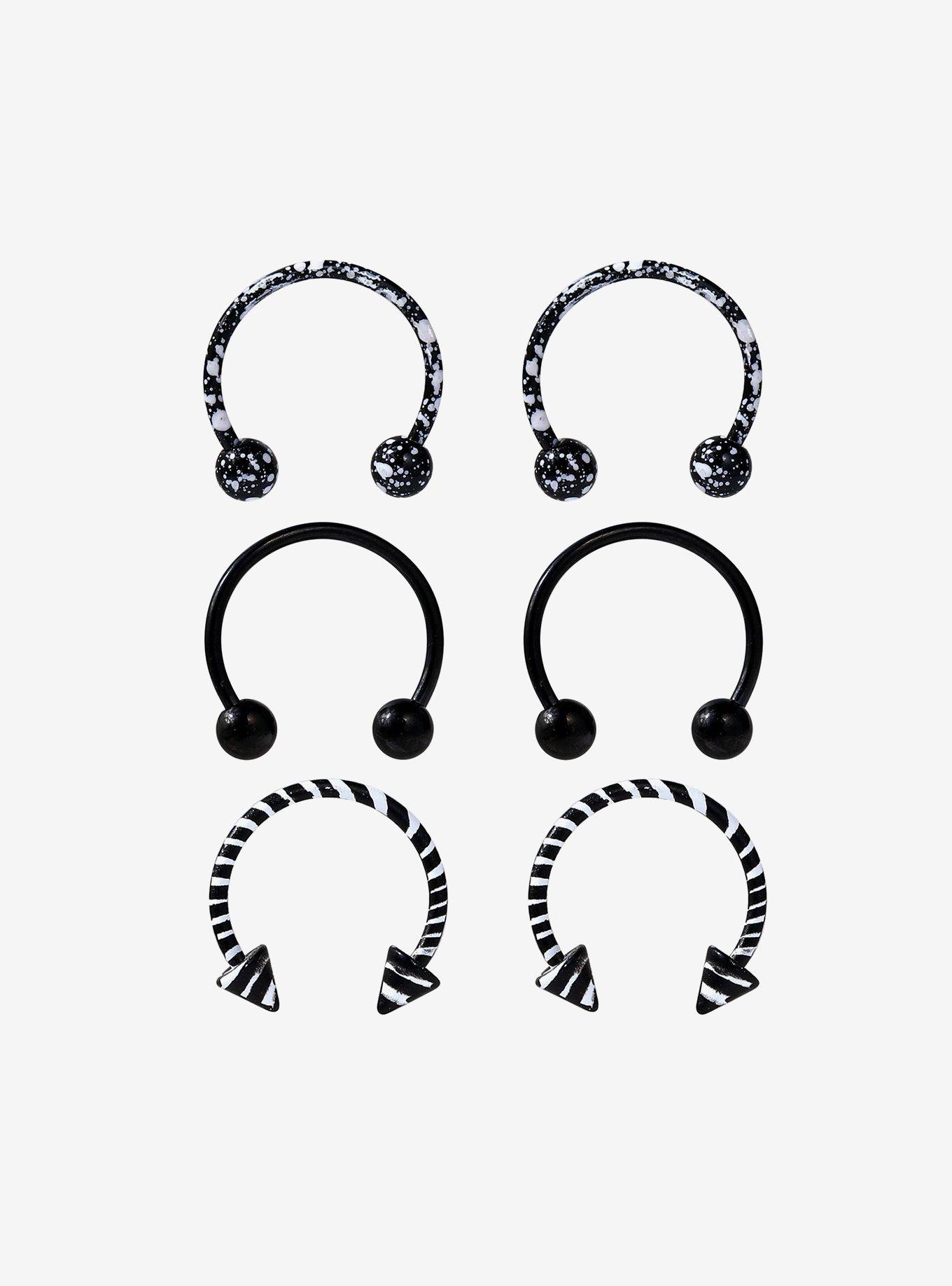 Steel Black & White Splatter Stripe Circular Barbell 6 Pack | Hot Topic