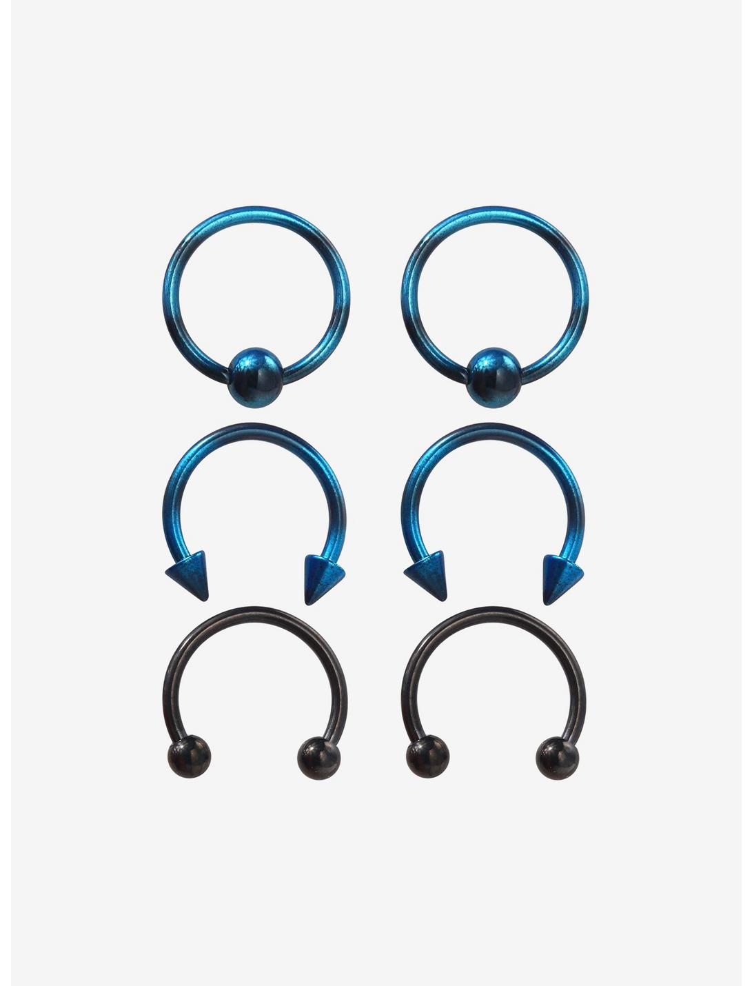 Steel Black & Blue Circular Barbell & Captive Hoop 6 Pack, MULTI, hi-res