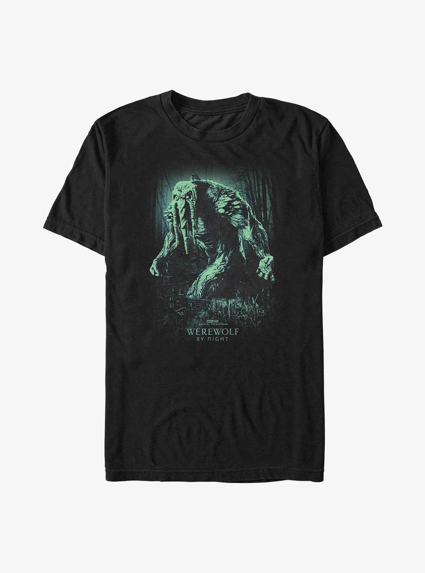Marvel Studios' Special Presentation: Werewolf By Night Creepy Crawler Ted The Man-Thing Poster T-Shirt, BLACK, hi-res