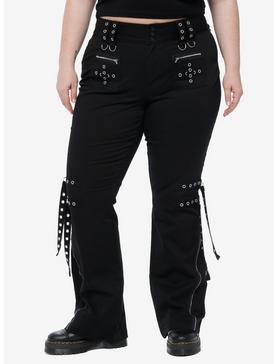 Social Collision Black Grommet Strap Zipper Flare Pants Plus Size, , hi-res