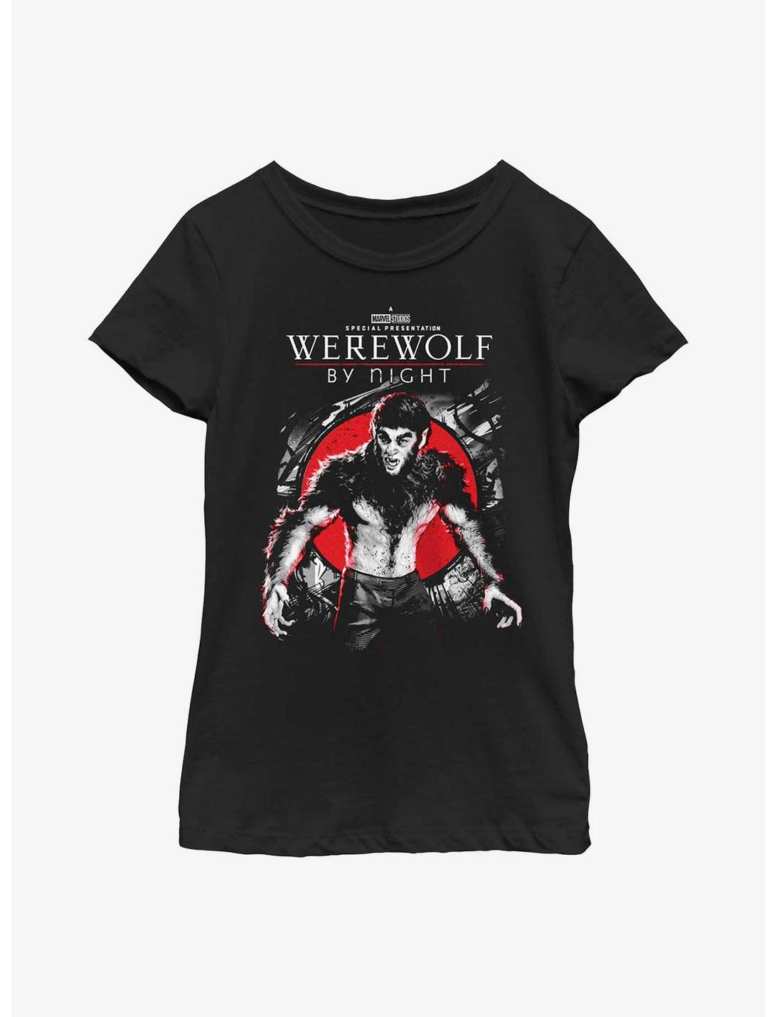 Marvel Studios' Special Presentation: Werewolf By Night Wolfman Jack Russell Youth Girls T-Shirt, BLACK, hi-res