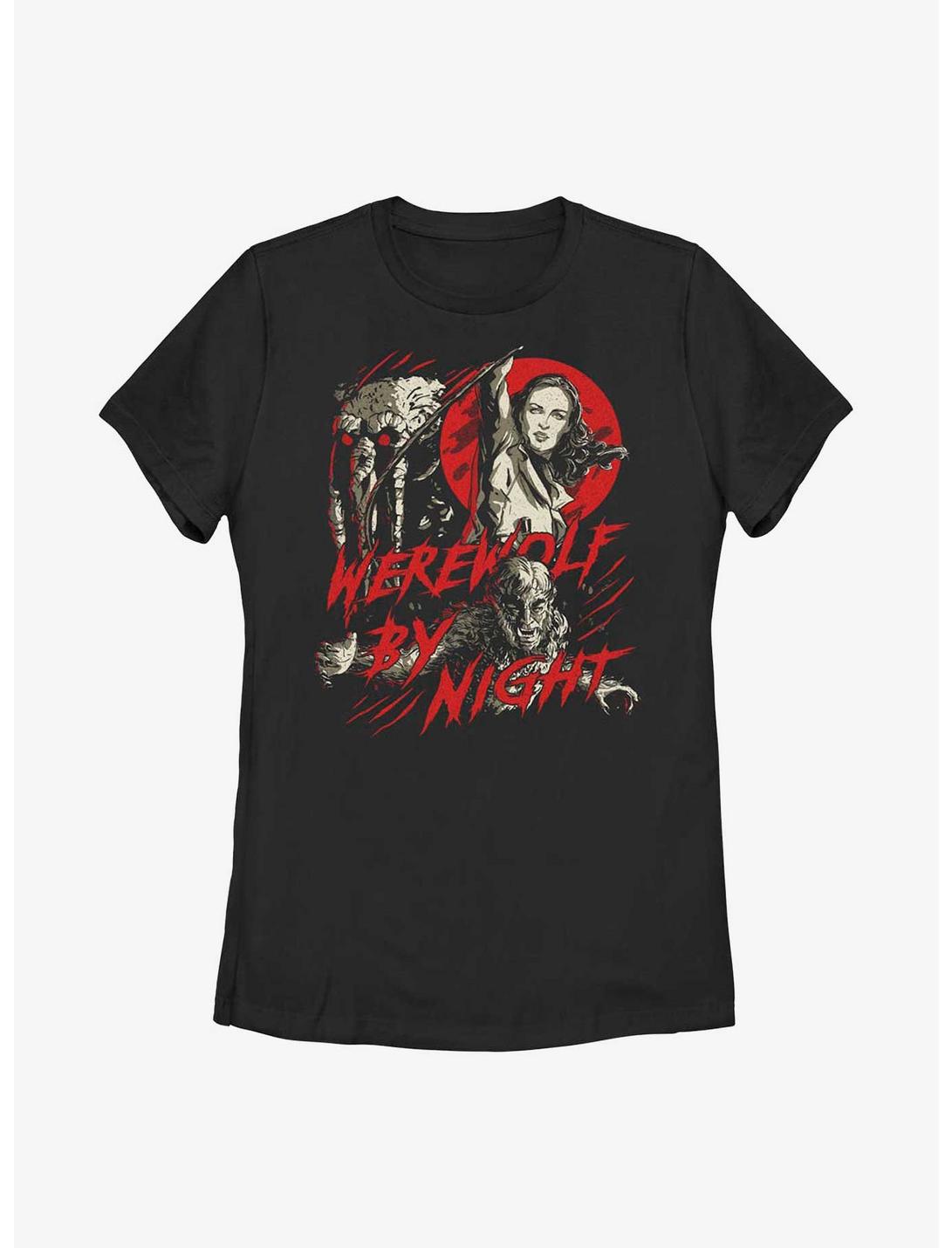 Marvel Studios' Special Presentation: Werewolf By Night Blood Moon Man-Thing, Elsa Bloodstone, and Jack Russell Womens T-Shirt, BLACK, hi-res