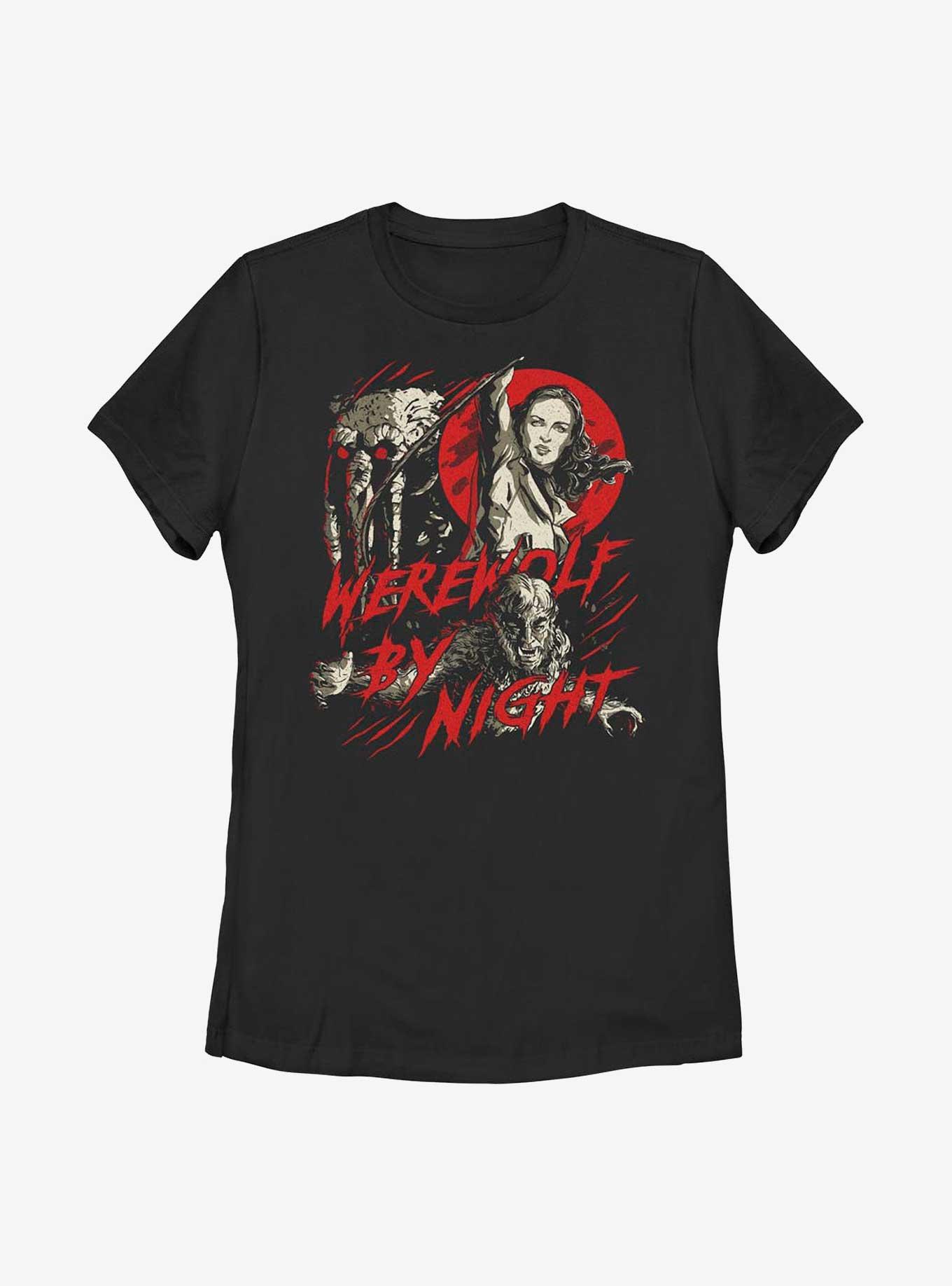 Marvel Studios' Special Presentation: Werewolf By Night Blood Moon Man-Thing, Elsa Bloodstone, and Jack Russell Womens T-Shirt, BLACK, hi-res