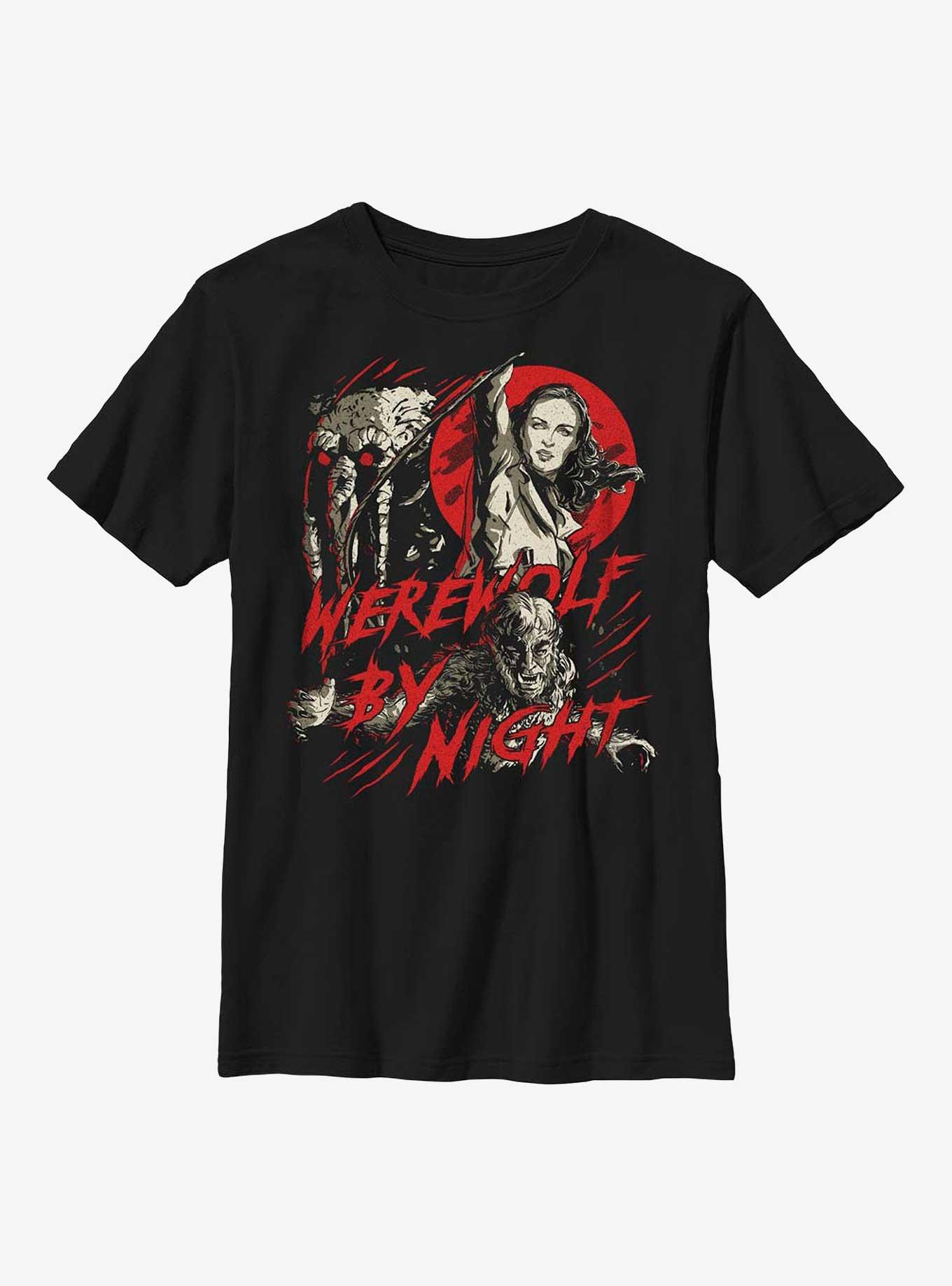 Marvel Studios' Special Presentation: Werewolf By Night Blood Moon Man-Thing, Elsa Bloodstone, and Jack Russell Youth T-Shirt, BLACK, hi-res