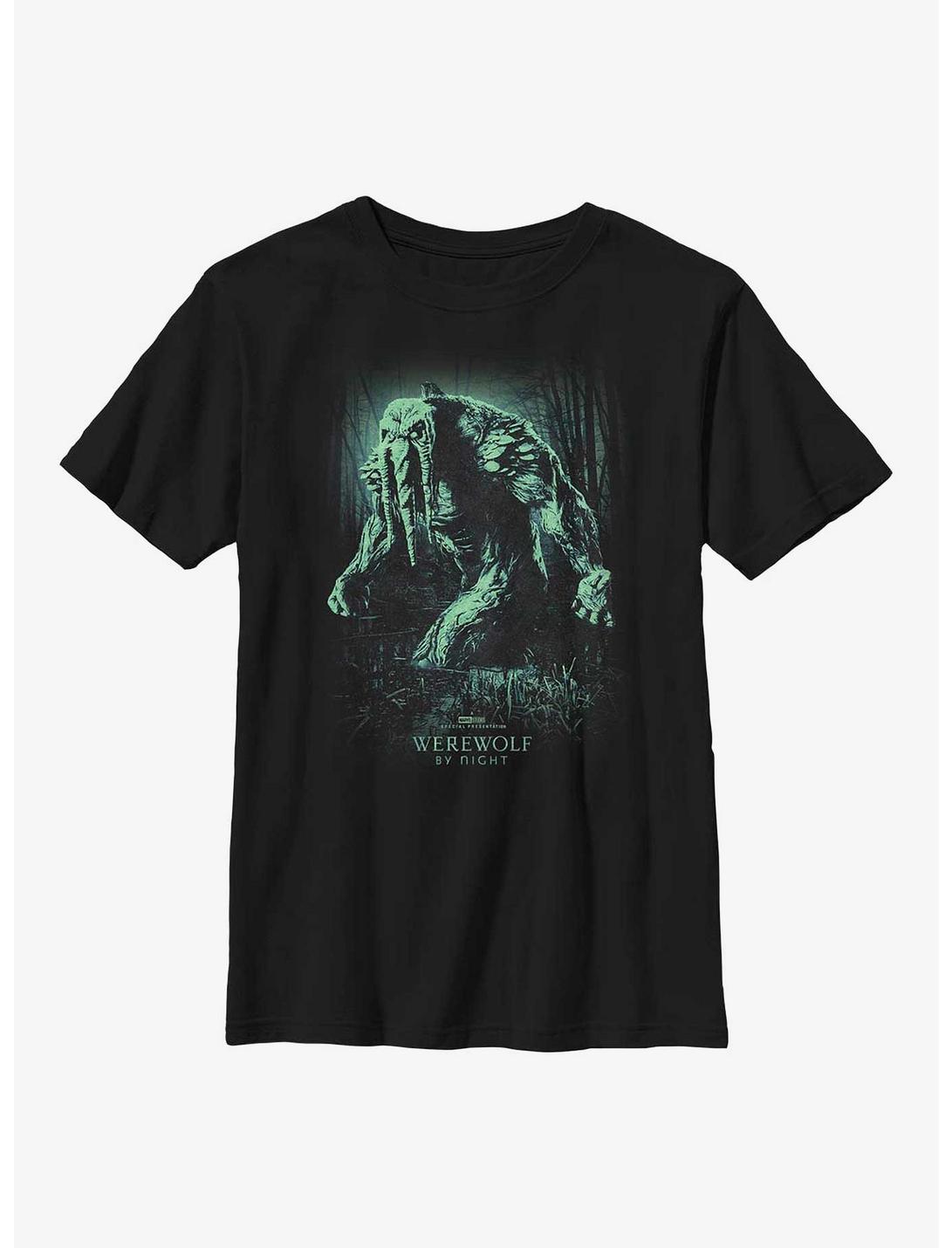 Marvel Studios' Special Presentation: Werewolf By Night Creepy Crawler Ted The Man-Thing Poster Youth T-Shirt, BLACK, hi-res