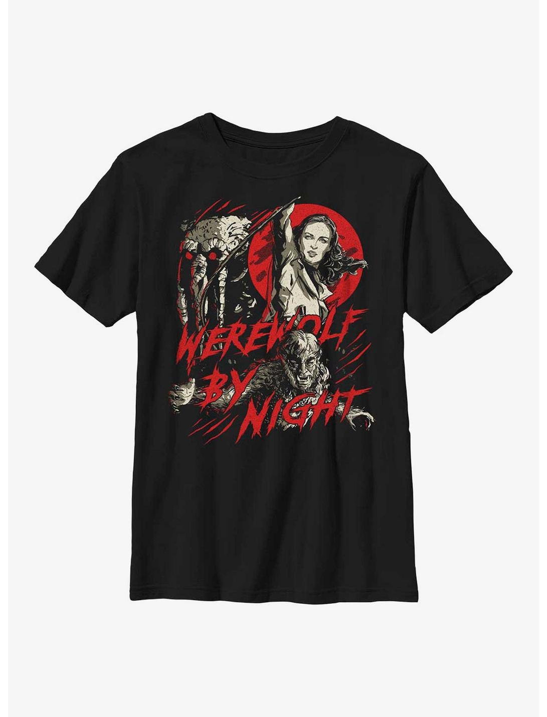 Marvel Studios' Special Presentation: Werewolf By Night Blood Moon Man-Thing, Elsa Bloodstone, and Jack Russell Youth T-Shirt, BLACK, hi-res