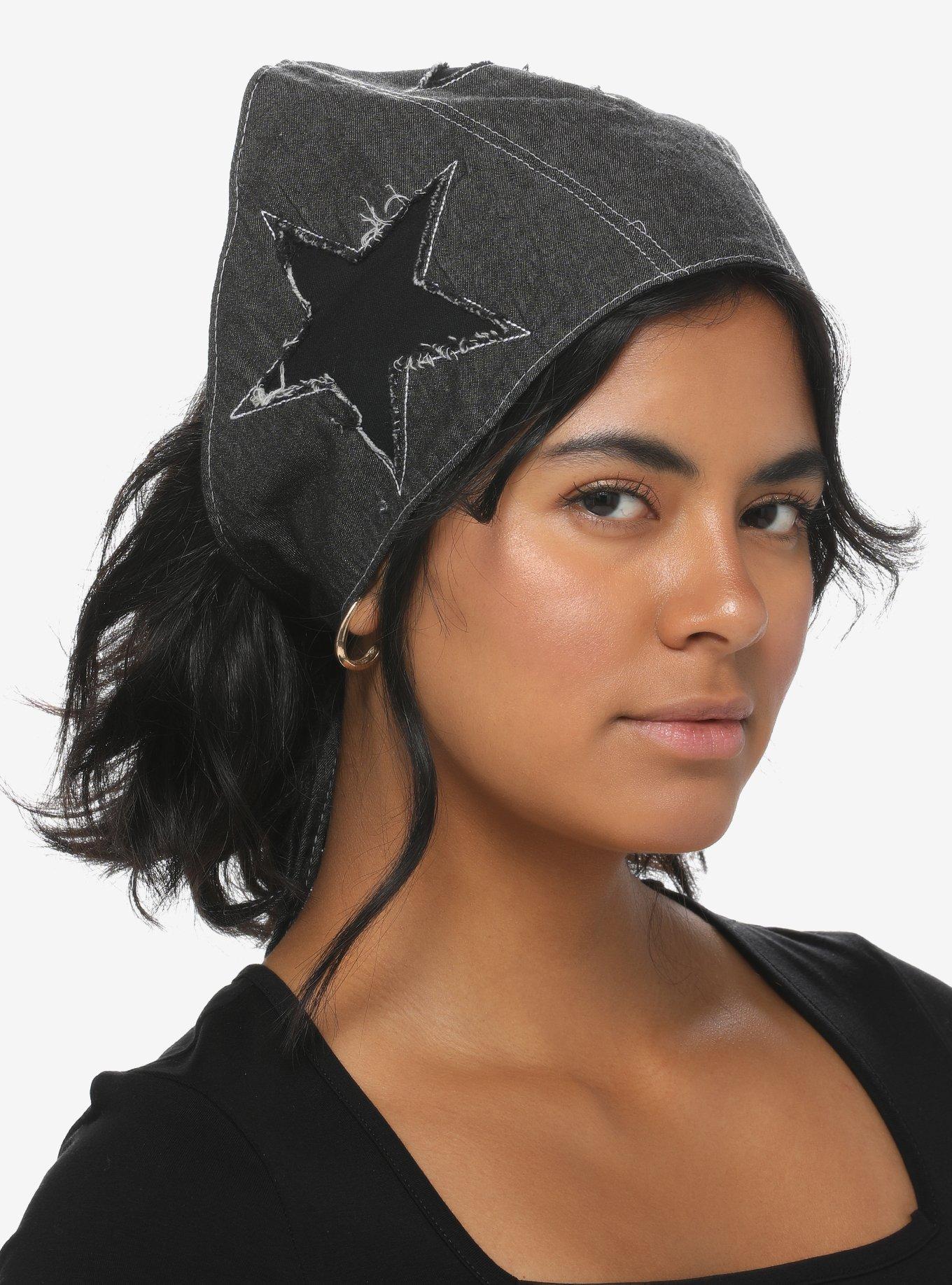 Black Distressed Star Denim Hair Scarf, , hi-res