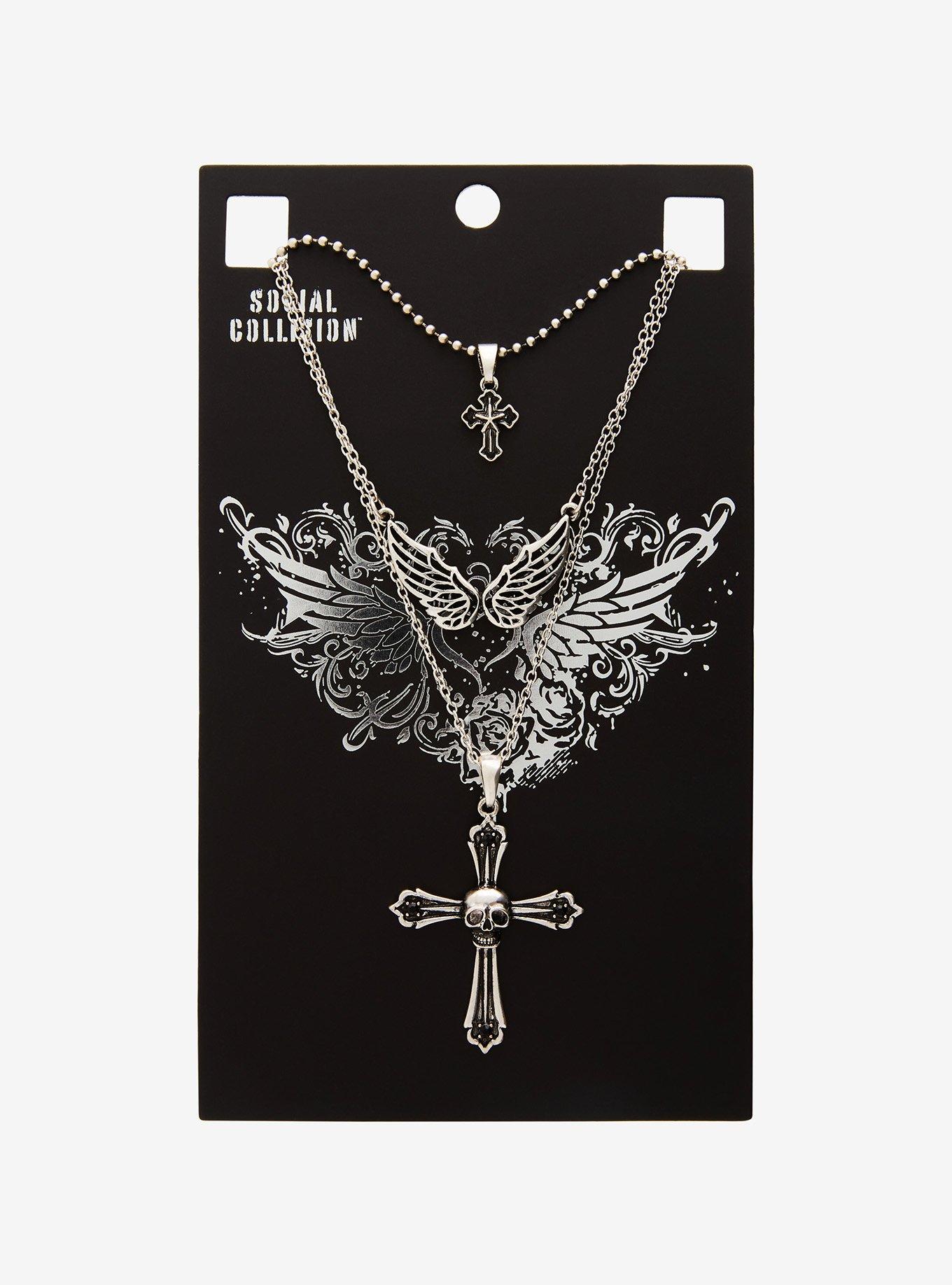 Social Collision Wing Cross Necklace Set, , hi-res