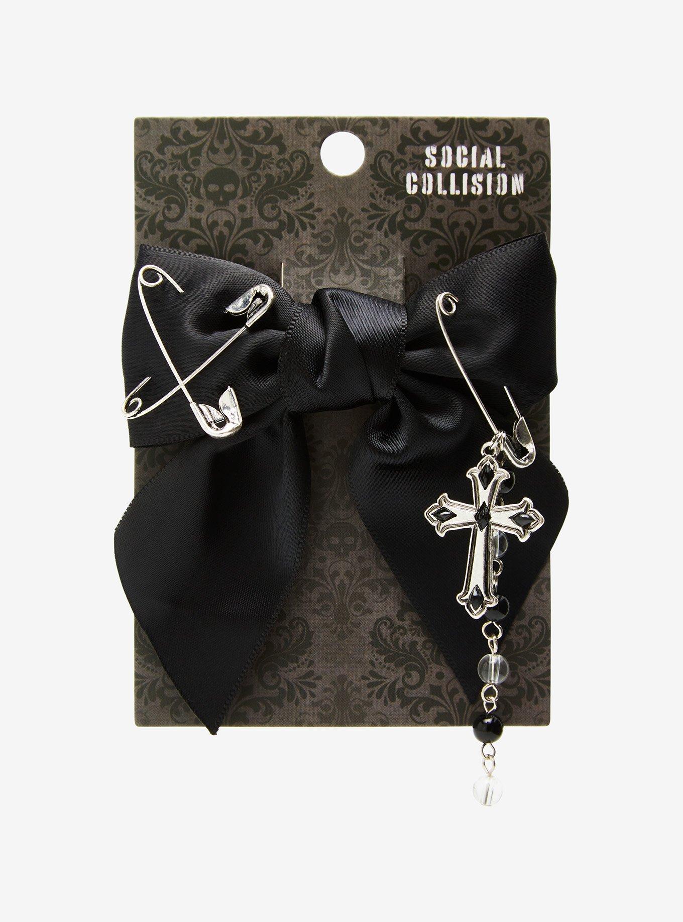 Social Collision Black Safety Pin Cross Hair Bow, , hi-res