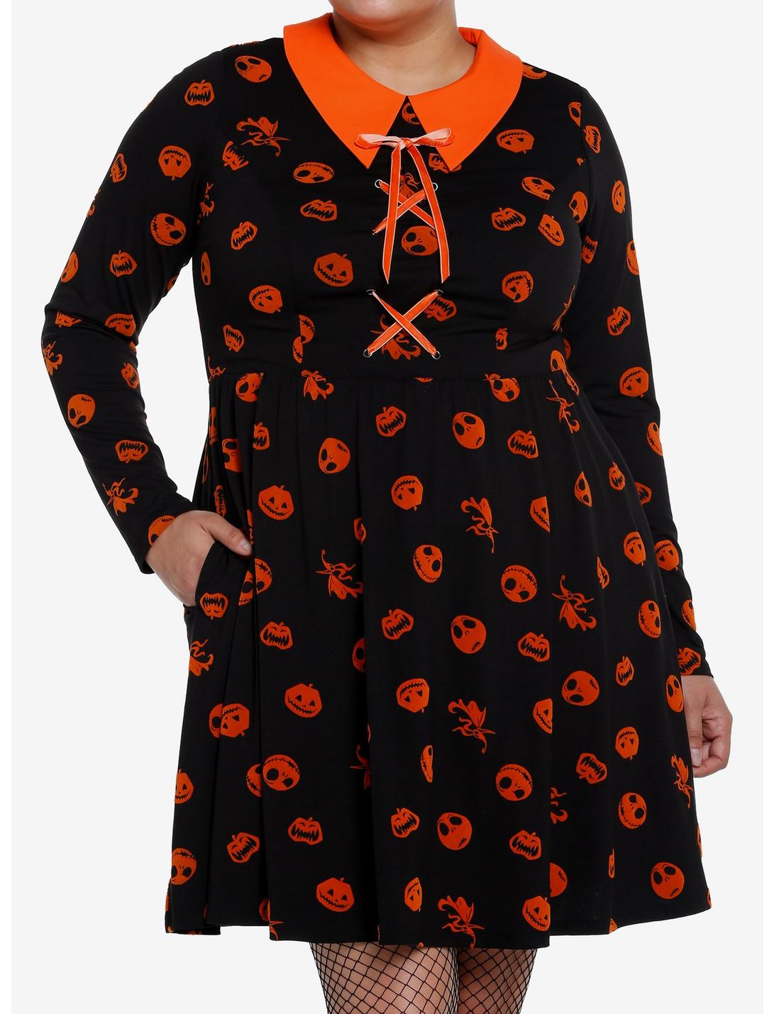 Her Universe The Nightmare Before Christmas Flocked Icons Long-Sleeve Dress Plus Size, BLACK, hi-res