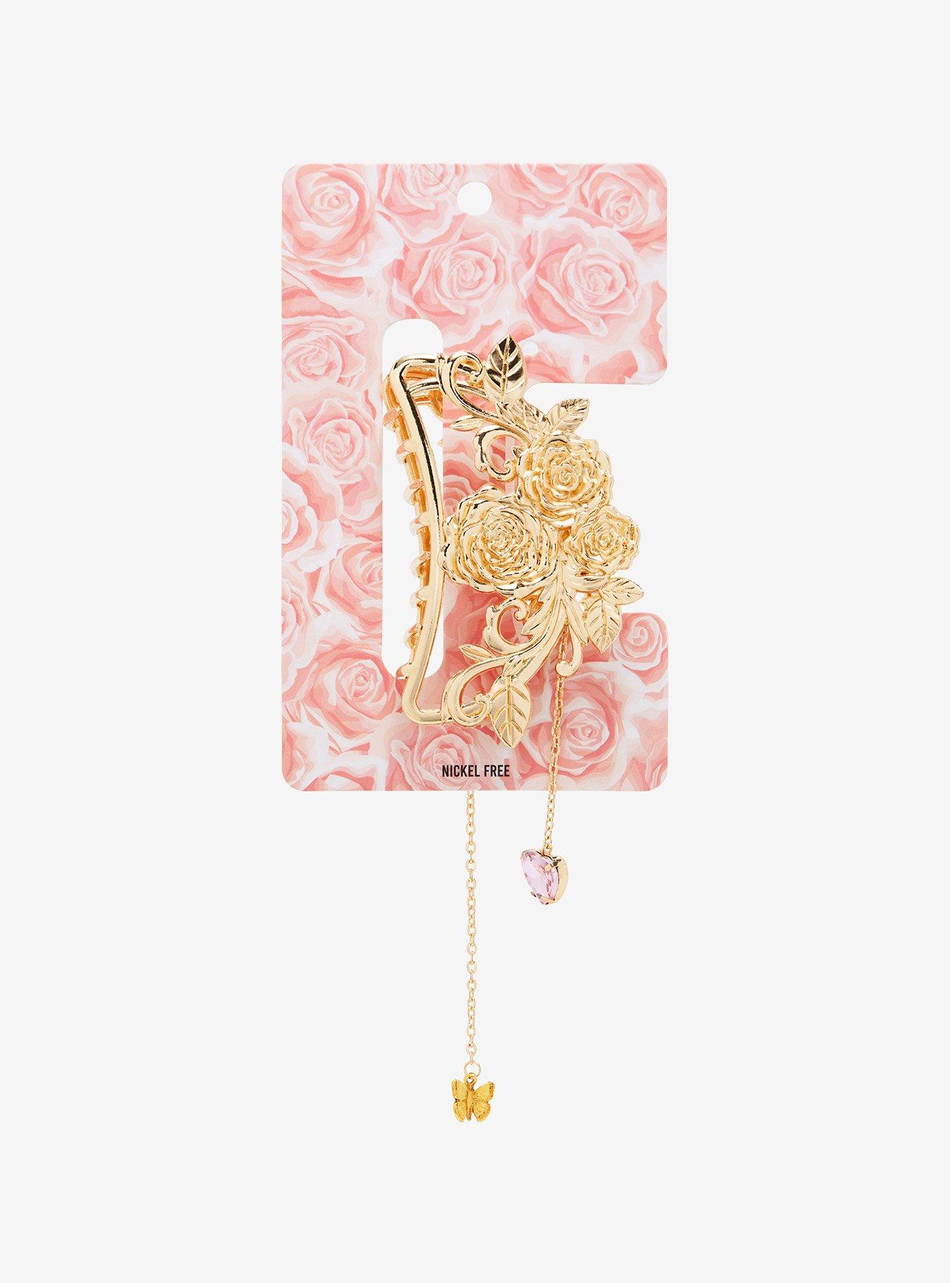 Gold Rose Charm Claw Hair Clip, , hi-res