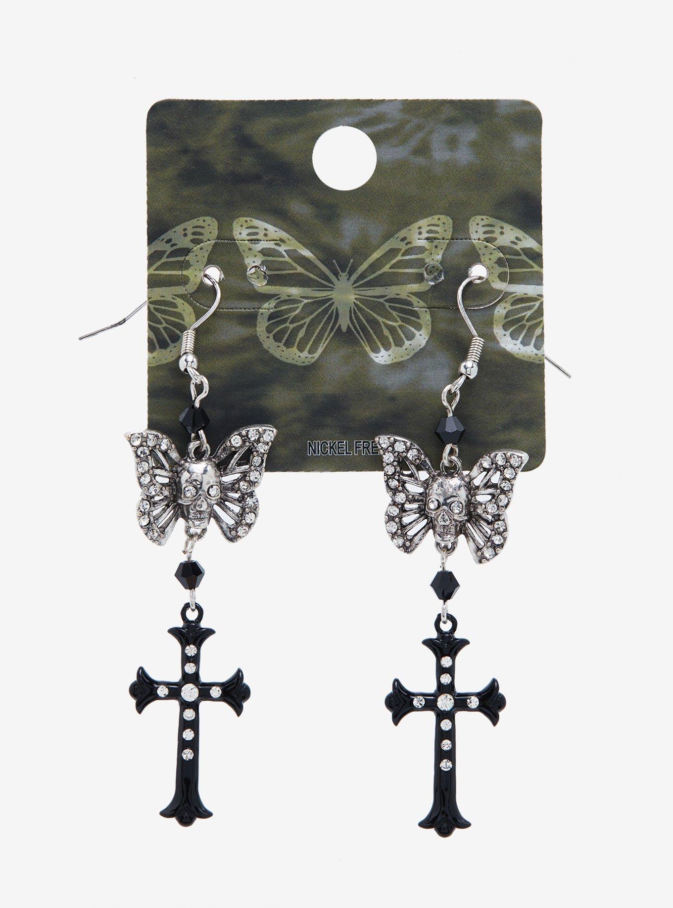 Butterfly Skull Cross Drop Earrings, , hi-res