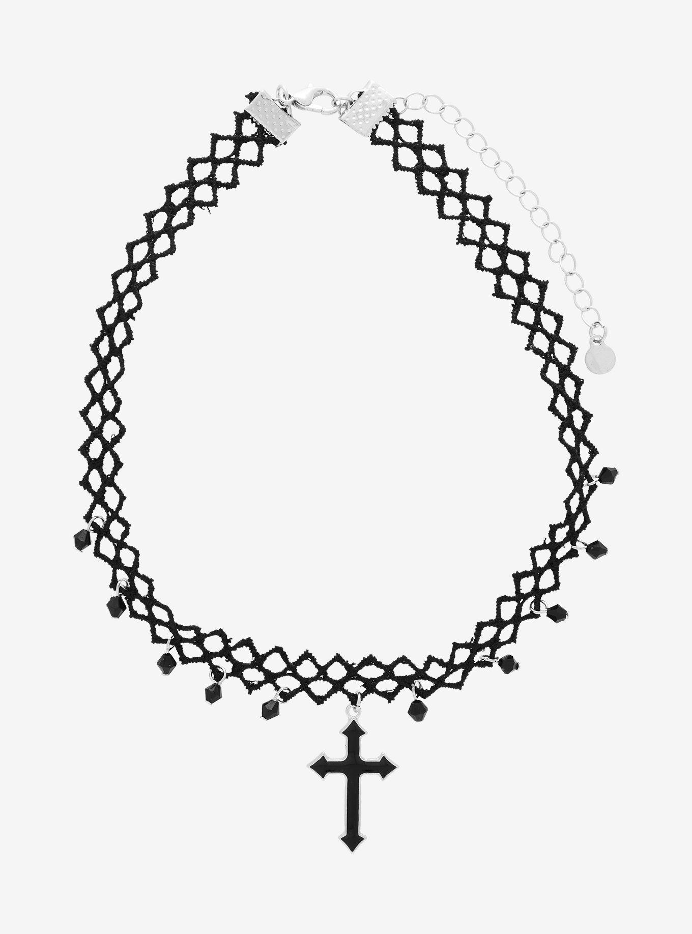 Black Bead Cross Choker, , hi-res