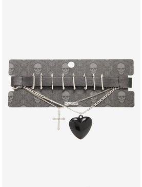 Black Heart Cross Safety Pin Choker Necklace Set, , hi-res