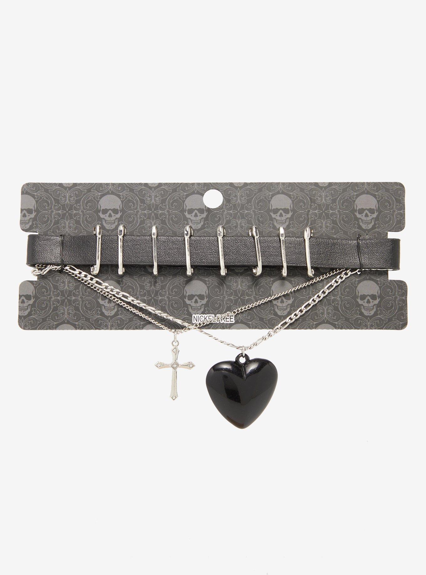 Black Heart Cross Safety Pin Choker Necklace Set, , hi-res